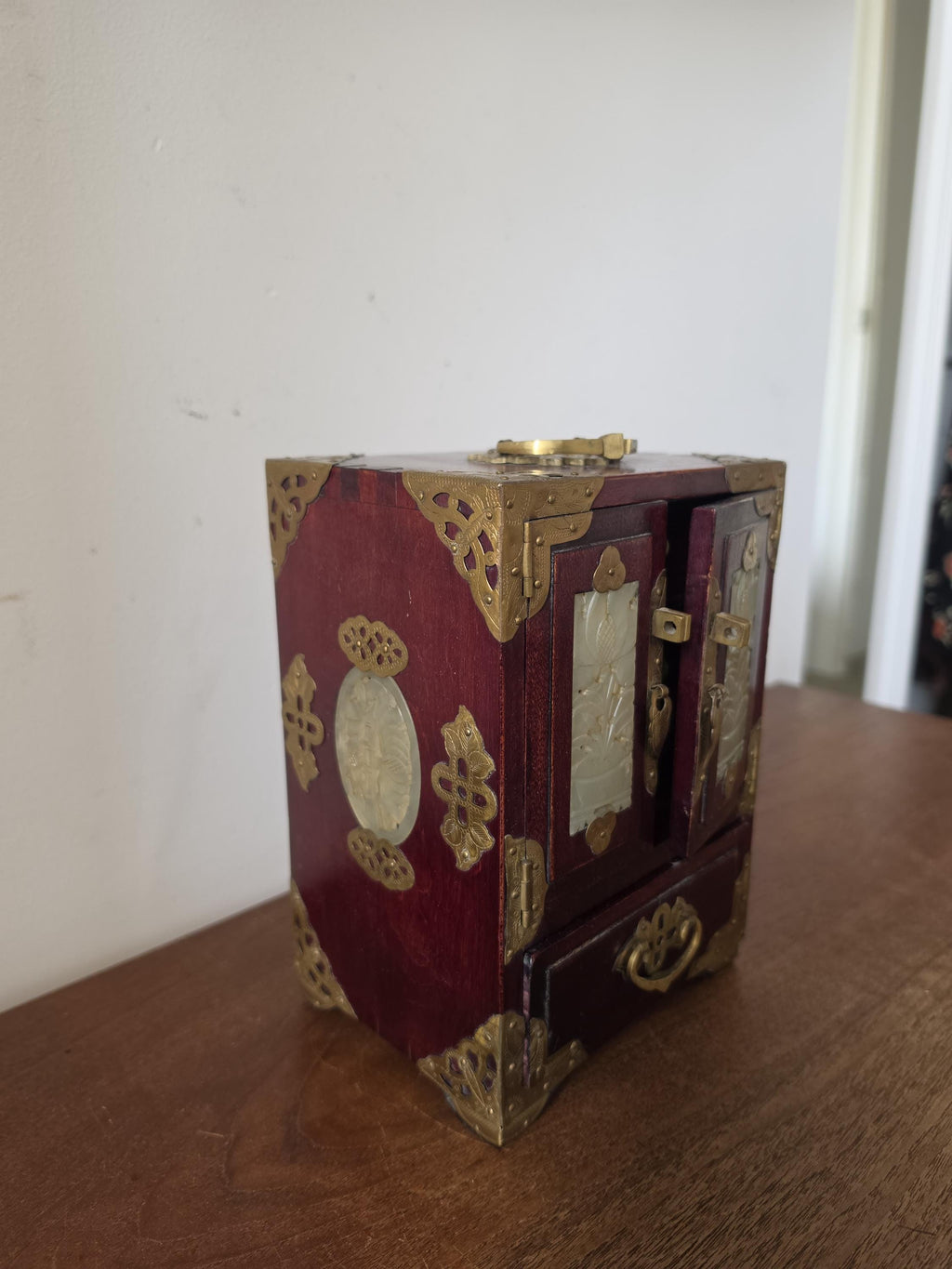 Vintage Chinese Jewelry Cabinet Wooden Keepsake Box Jade Panels Brass Mounted Miniature Apothecary Chest Asian Decor Locking Box