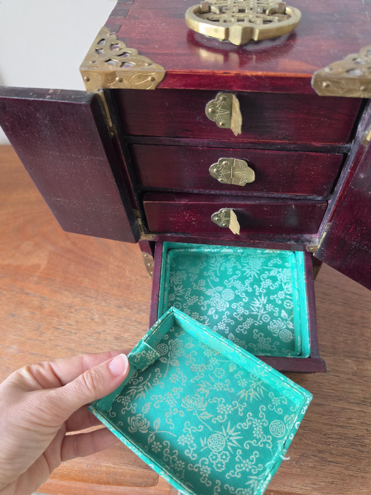 Vintage Chinese Jewelry Cabinet Wooden Keepsake Box Jade Panels Brass Mounted Miniature Apothecary Chest Asian Decor Locking Box