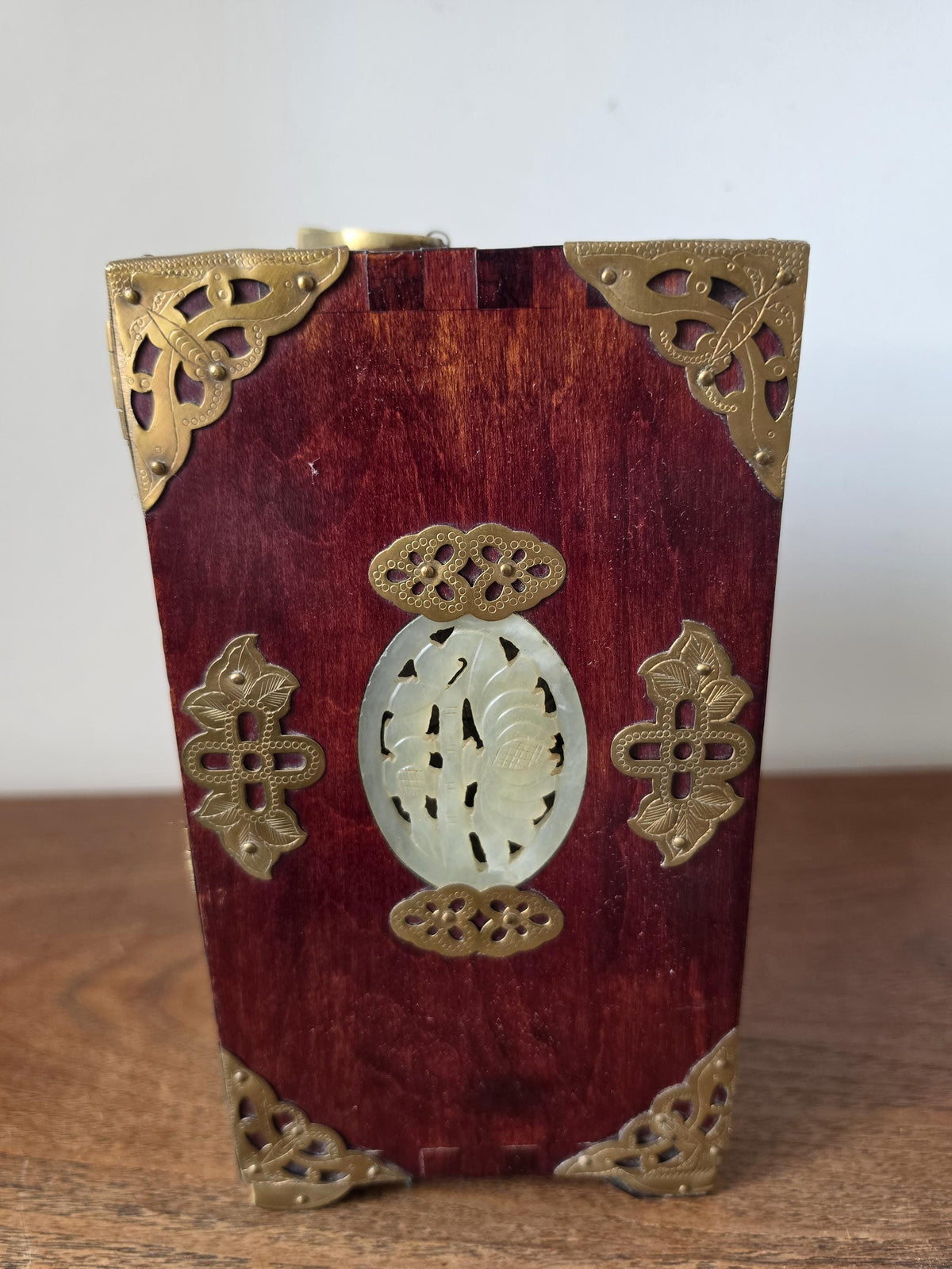 Vintage Chinese Jewelry Cabinet Wooden Keepsake Box Jade Panels Brass Mounted Miniature Apothecary Chest Asian Decor Locking Box