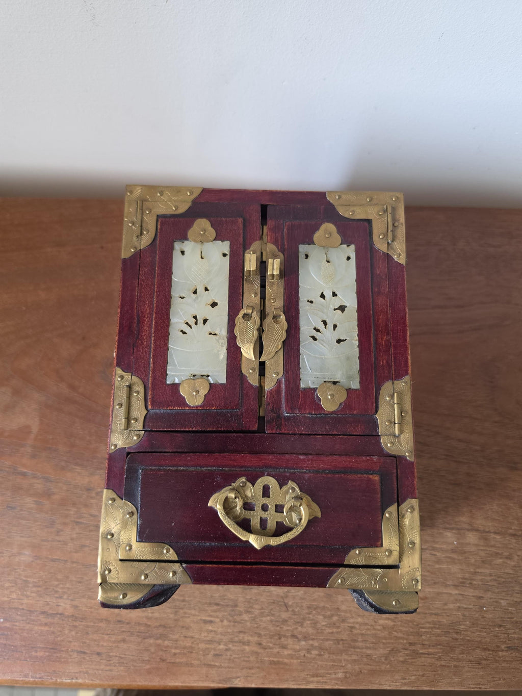 Vintage Chinese Jewelry Cabinet Wooden Keepsake Box Jade Panels Brass Mounted Miniature Apothecary Chest Asian Decor Locking Box