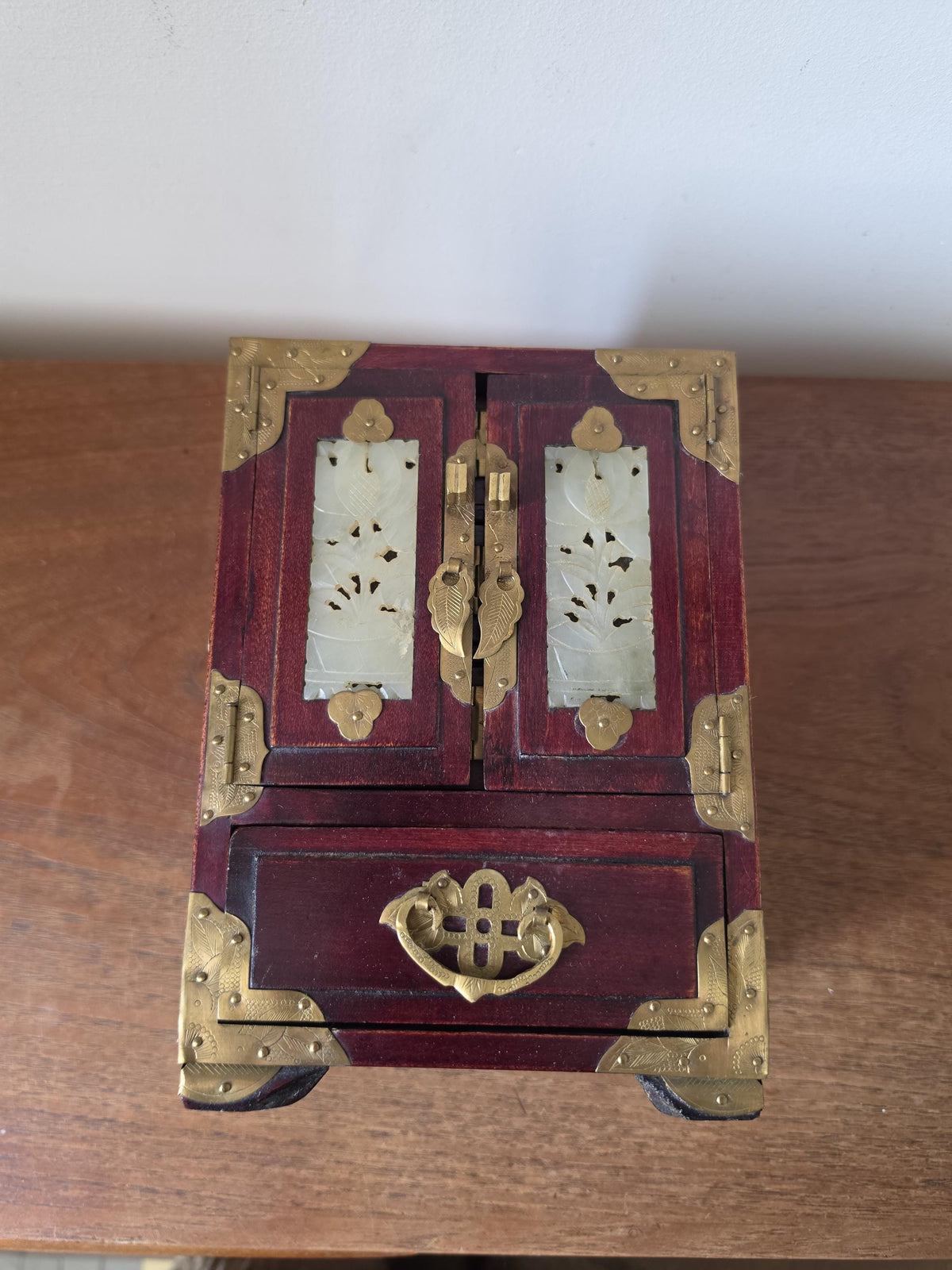 Vintage Chinese Jewelry Cabinet Wooden Keepsake Box Jade Panels Brass Mounted Miniature Apothecary Chest Asian Decor Locking Box