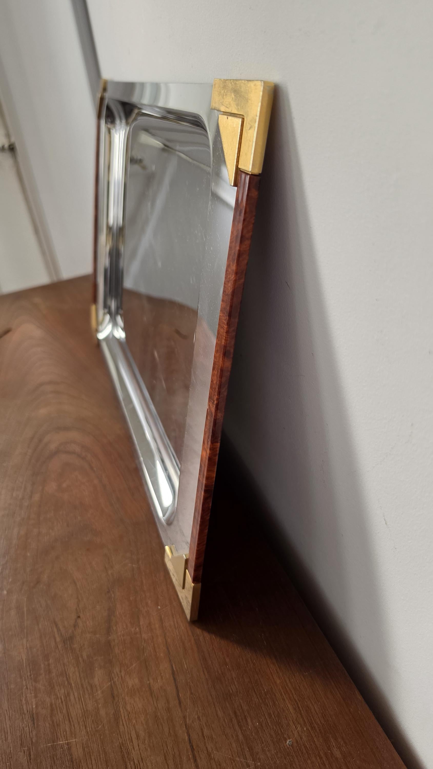 Art Deco Stainless Steel Serving Tray, Faux Tortoise Shell & Brass Gallery, Hollywood Regency Vanity Tray, Mid Century Modern Cocktail Tray