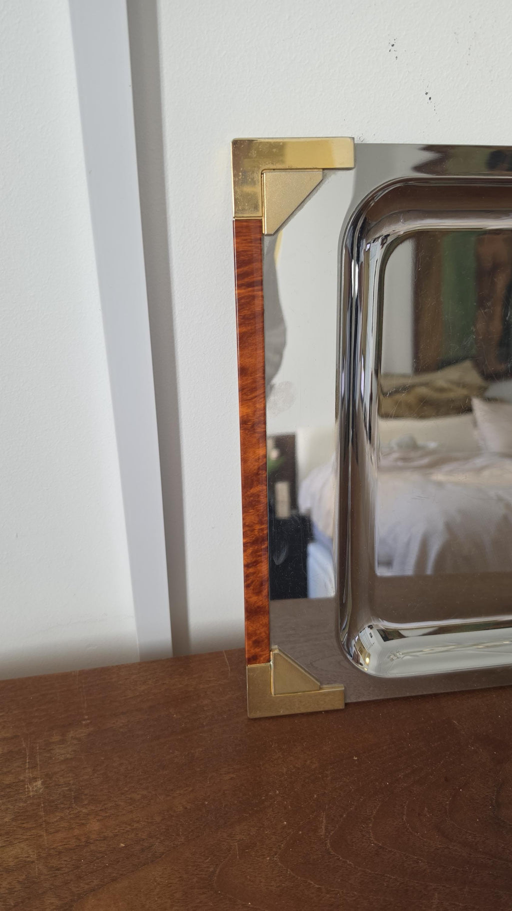 Art Deco Stainless Steel Serving Tray, Faux Tortoise Shell & Brass Gallery, Hollywood Regency Vanity Tray, Mid Century Modern Cocktail Tray