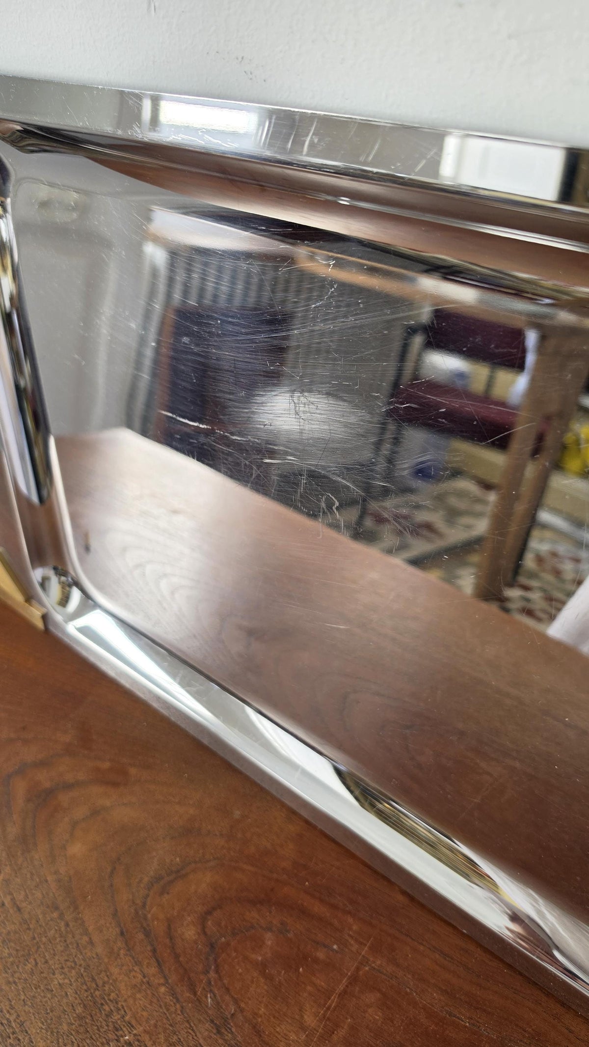 Art Deco Stainless Steel Serving Tray, Faux Tortoise Shell & Brass Gallery, Hollywood Regency Vanity Tray, Mid Century Modern Cocktail Tray
