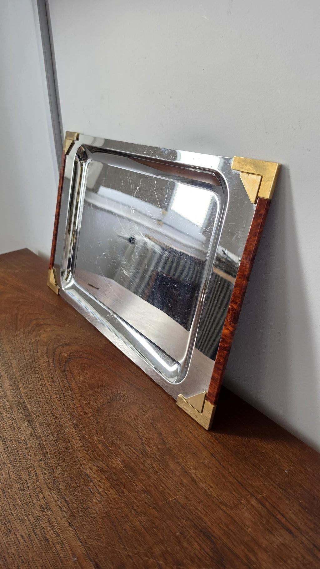 Art Deco Stainless Steel Serving Tray, Faux Tortoise Shell & Brass Gallery, Hollywood Regency Vanity Tray, Mid Century Modern Cocktail Tray