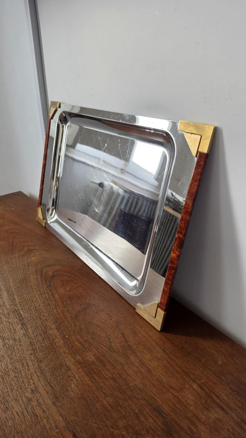 Art Deco Stainless Steel Serving Tray, Faux Tortoise Shell & Brass Gallery, Hollywood Regency Vanity Tray, Mid Century Modern Cocktail Tray