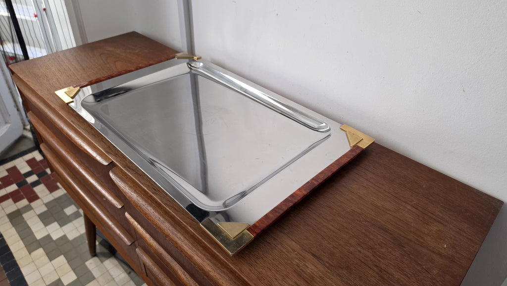 Art Deco Stainless Steel Serving Tray, Faux Tortoise Shell & Brass Gallery, Hollywood Regency Vanity Tray, Mid Century Modern Cocktail Tray