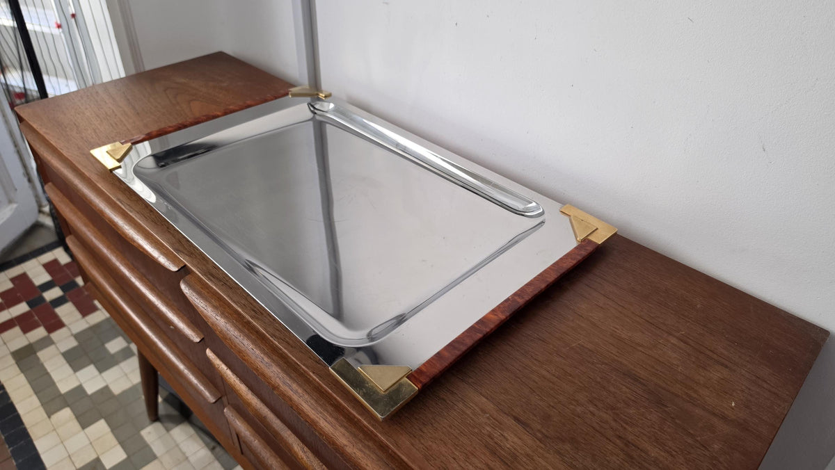 Art Deco Stainless Steel Serving Tray, Faux Tortoise Shell & Brass Gallery, Hollywood Regency Vanity Tray, Mid Century Modern Cocktail Tray