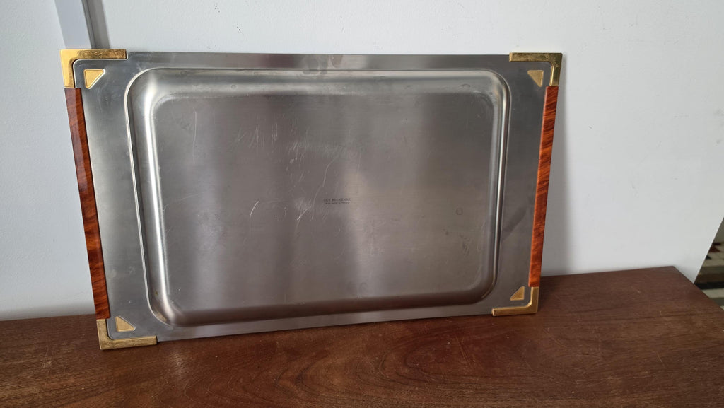 Art Deco Stainless Steel Serving Tray, Faux Tortoise Shell & Brass Gallery, Hollywood Regency Vanity Tray, Mid Century Modern Cocktail Tray