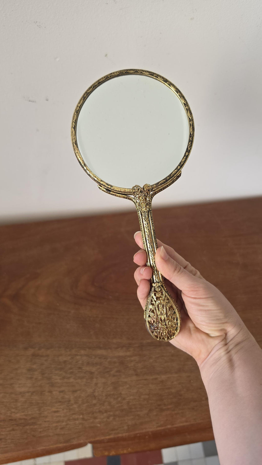 Vintage Gold Tone Hand Mirror with Petit Point Floral Needlepoint, Ornate Vanity Mirror, Hollywood Regency Dressing Table Decor