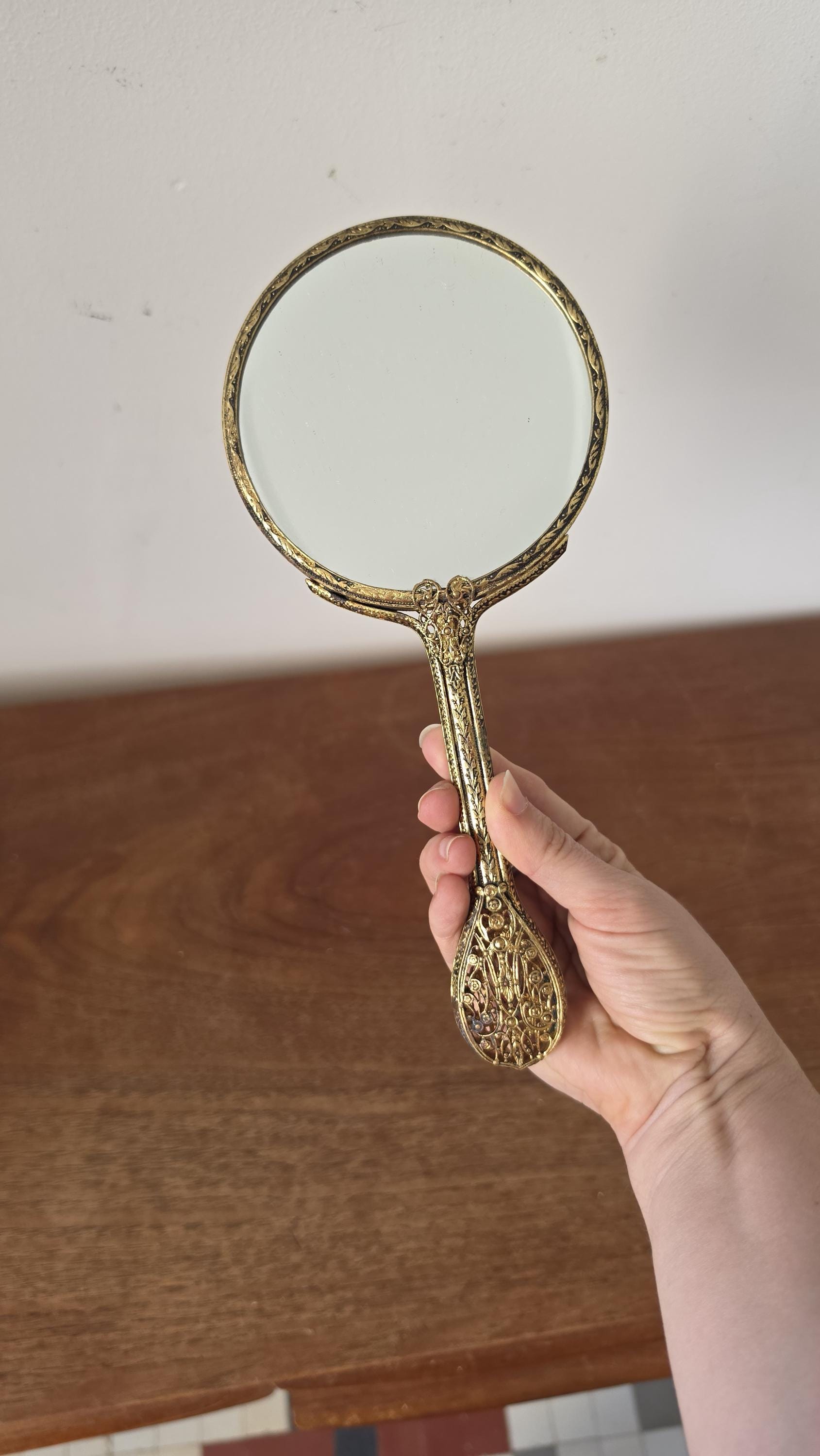 Vintage Gold Tone Hand Mirror with Petit Point Floral Needlepoint, Ornate Vanity Mirror, Hollywood Regency Dressing Table Decor