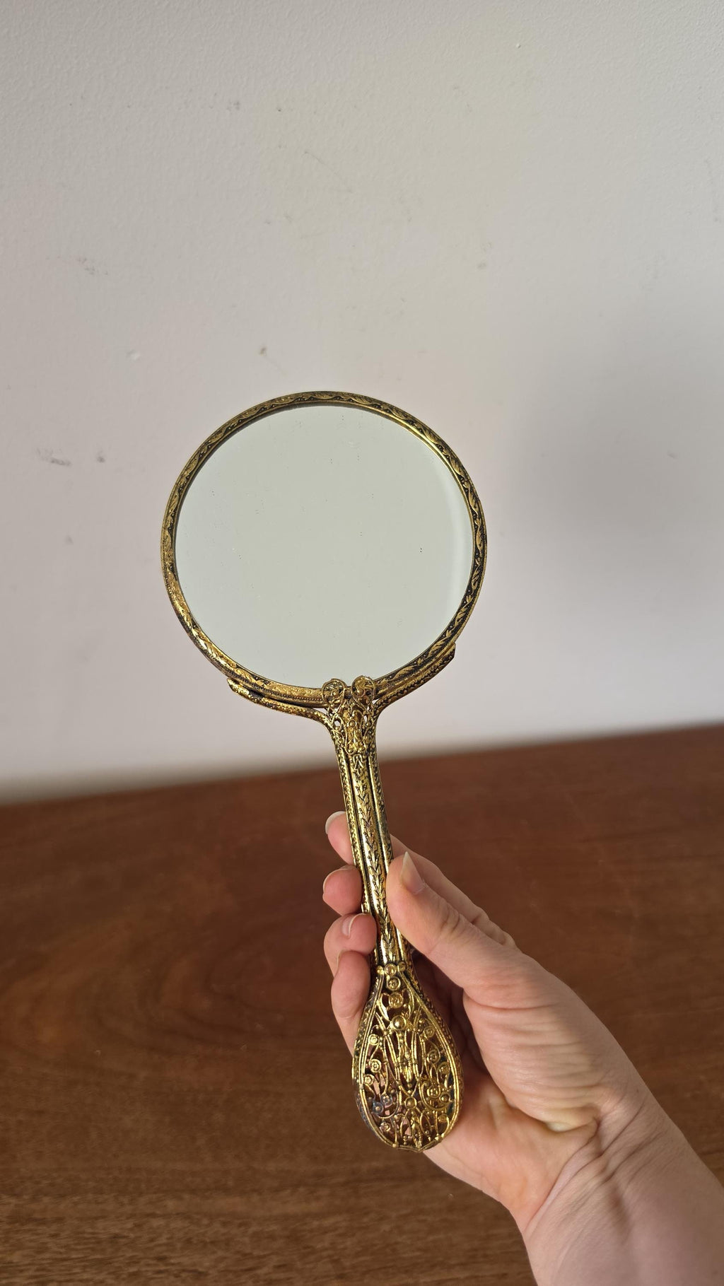Vintage Gold Tone Hand Mirror with Petit Point Floral Needlepoint, Ornate Vanity Mirror, Hollywood Regency Dressing Table Decor