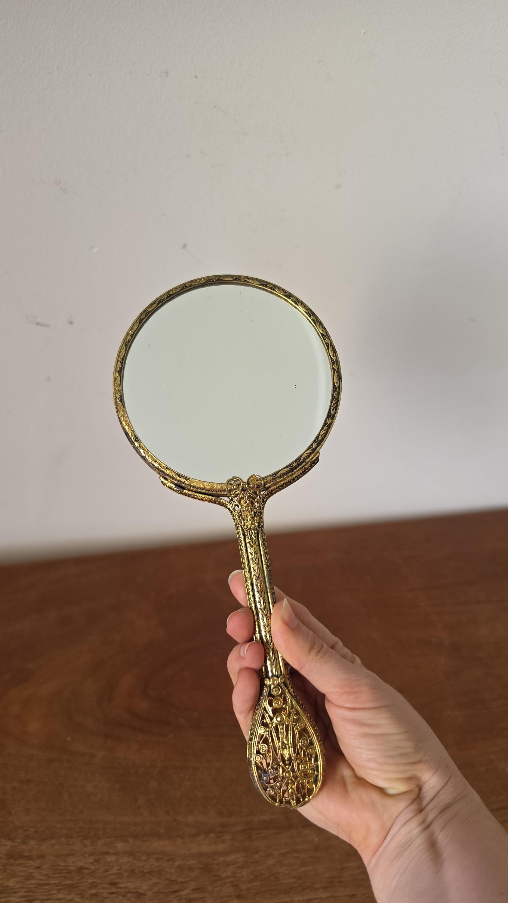 Vintage Gold Tone Hand Mirror with Petit Point Floral Needlepoint, Ornate Vanity Mirror, Hollywood Regency Dressing Table Decor