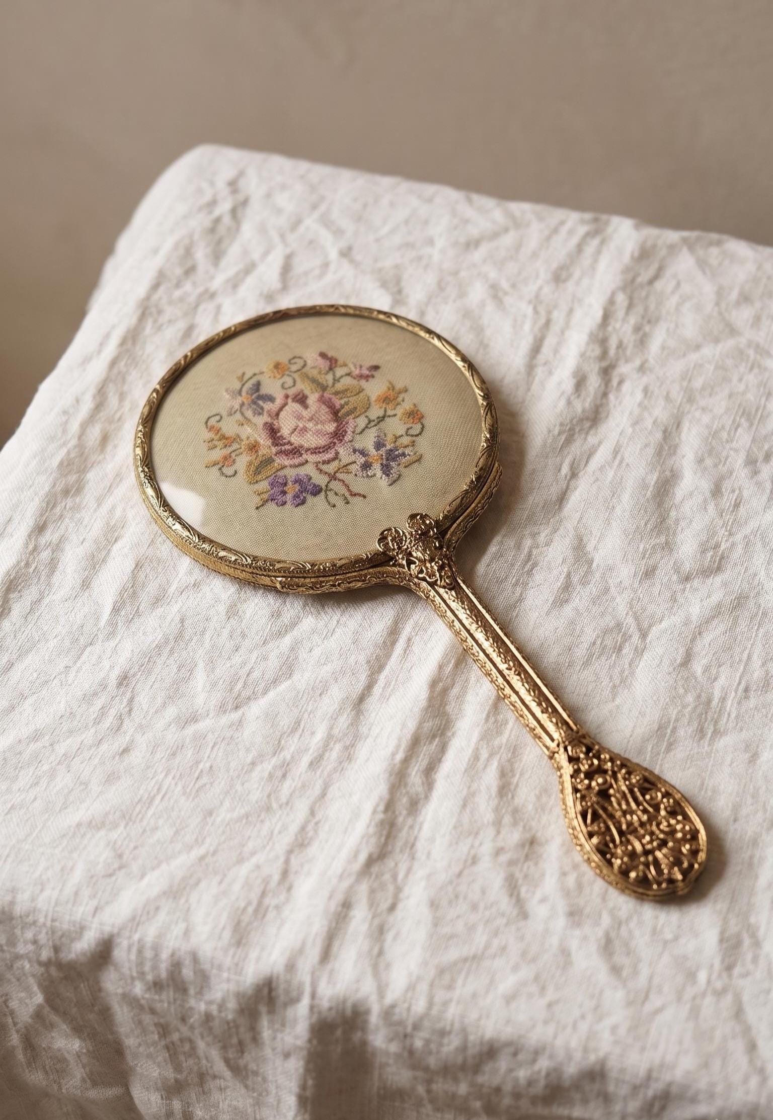 Vintage Gold Tone Hand Mirror with Petit Point Floral Needlepoint