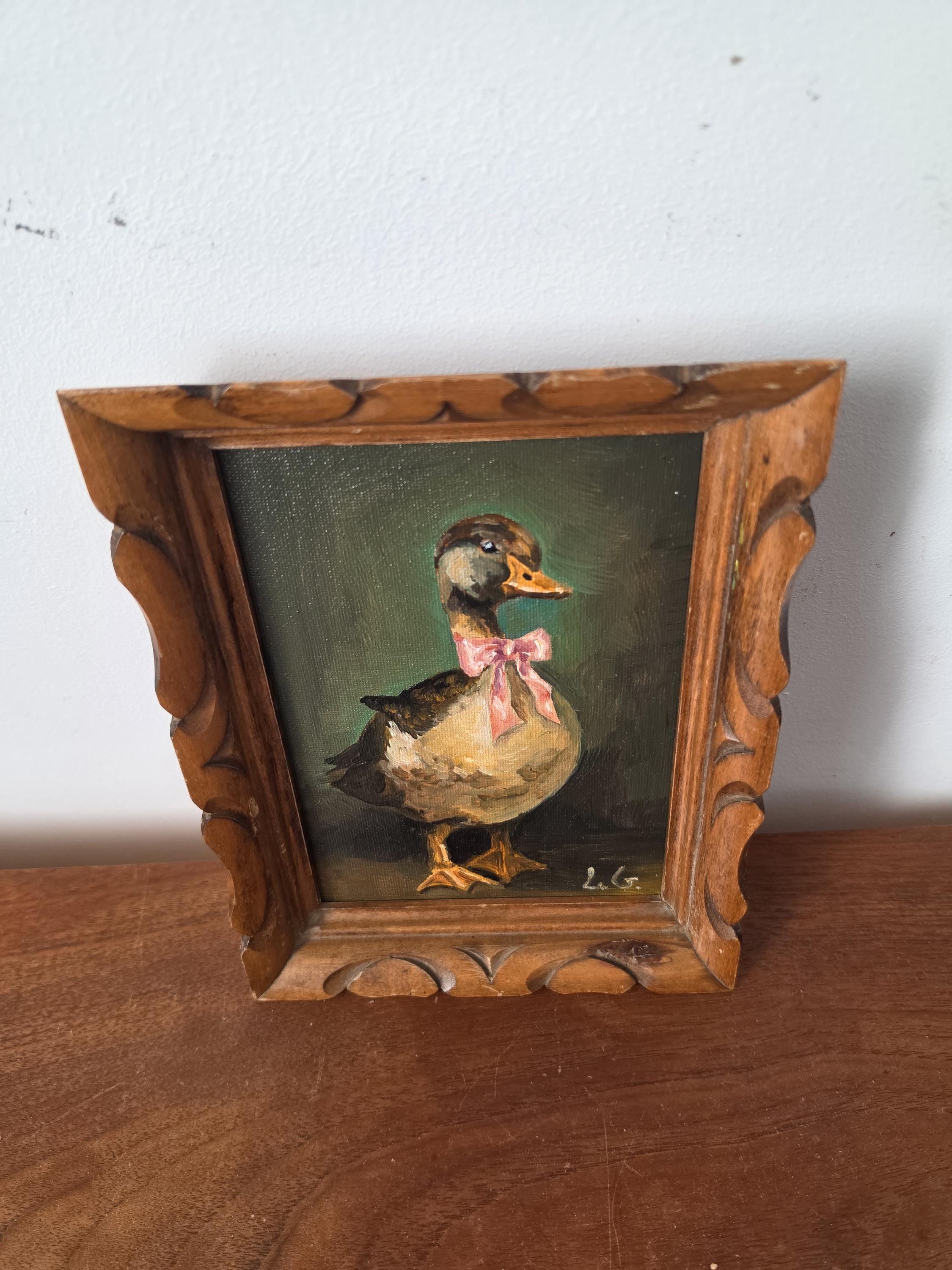 Original Duck Oil Painting in Hand-Carved Wooden Frame, Folk Art Mallard Portrait, Rustic Cottage Wall Decor, One of a Kind Artwork