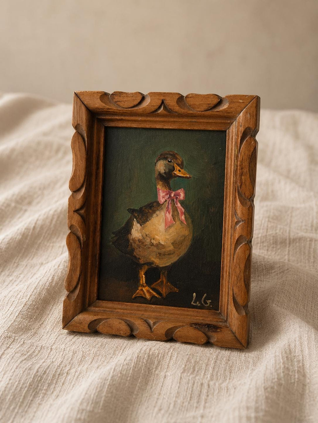 Vintage Original Duck Oil Painting in Hand-Carved Wooden Frame