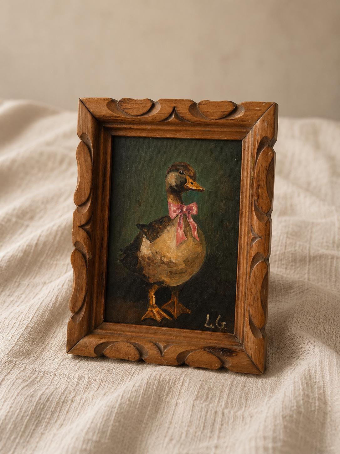 Vintage Original Duck Oil Painting in Hand-Carved Wooden Frame