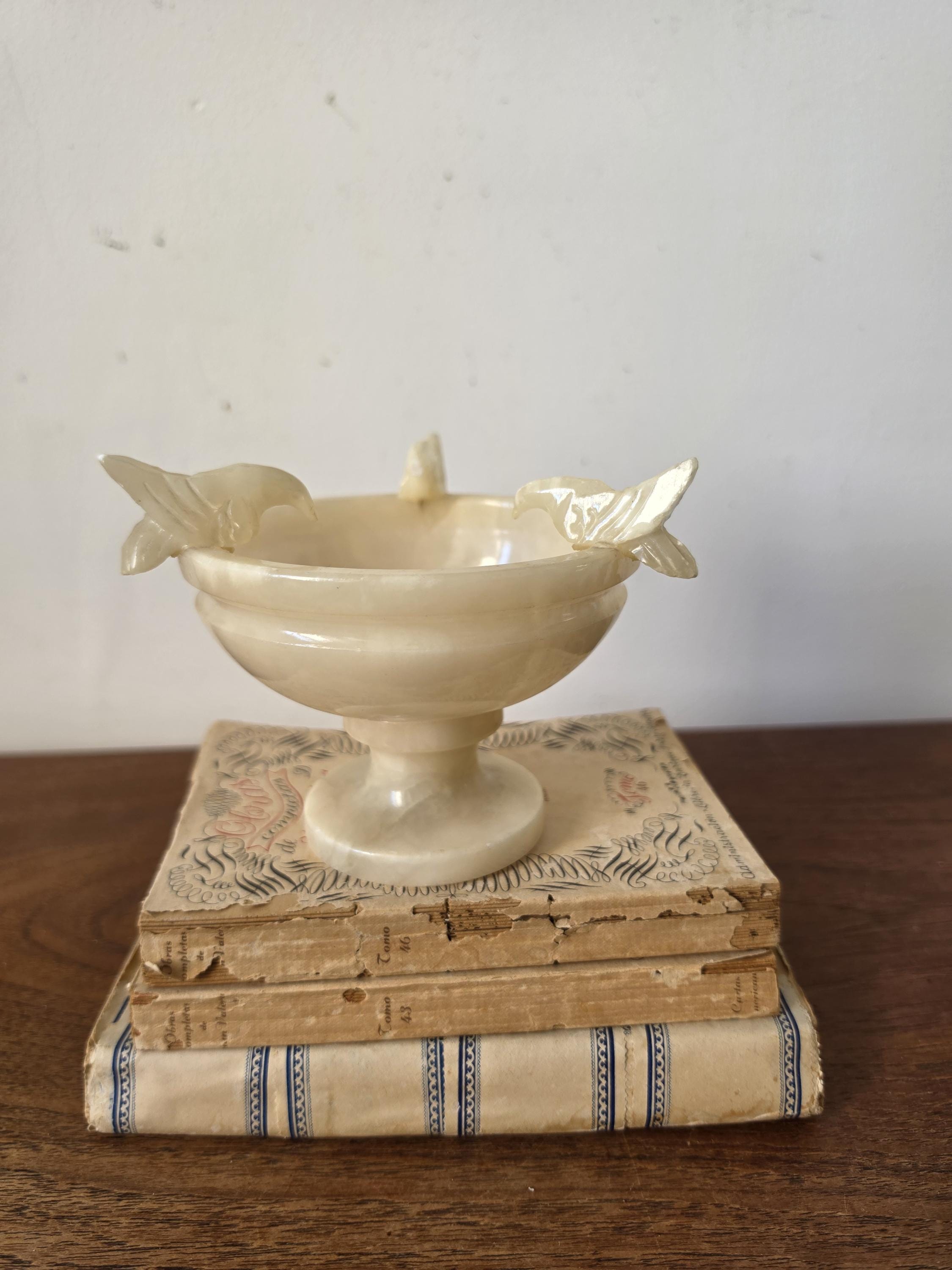 Vintage Alabaster Pedestal Bowl with Bird Handles, Carved Stone Compote, Italian Onyx Centerpiece, Hollywood Regency Decor
