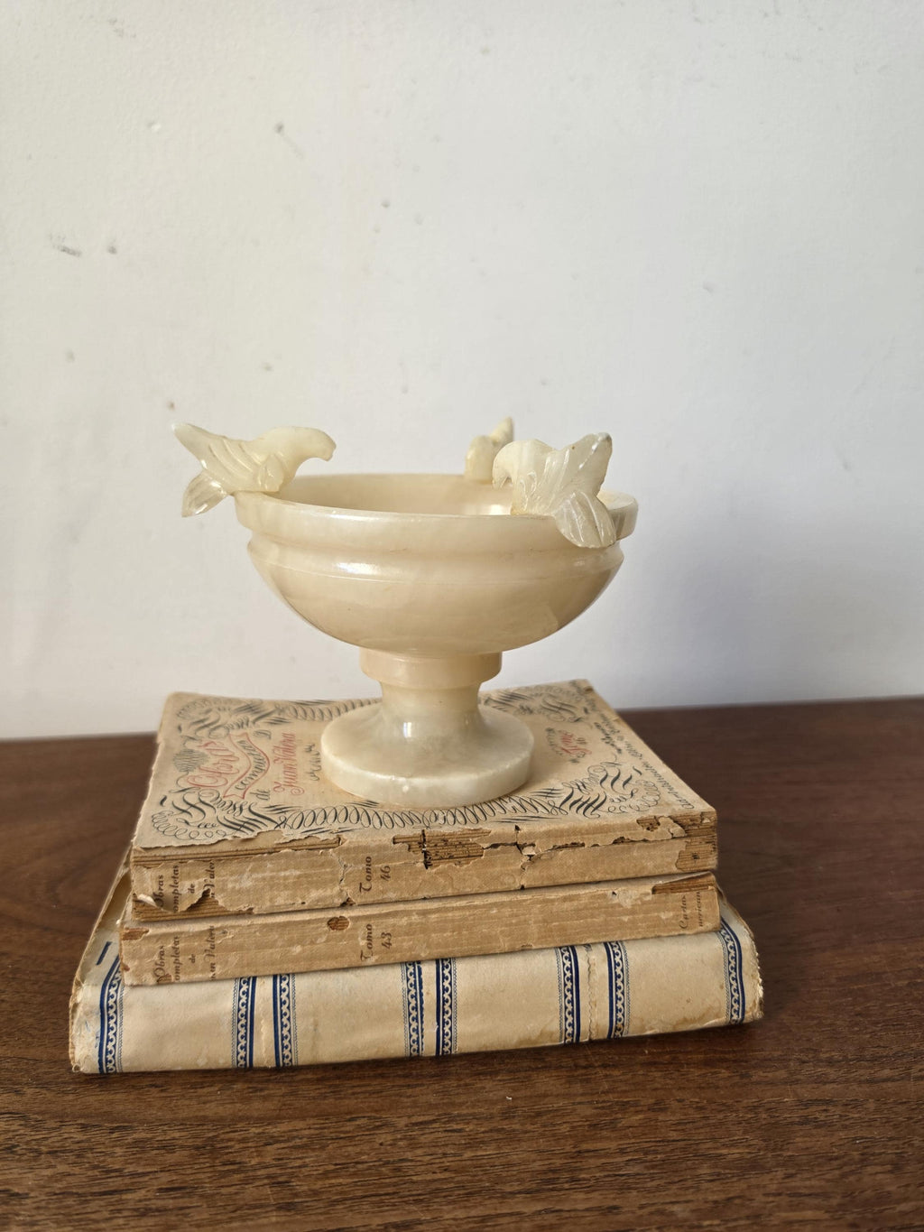 Vintage Alabaster Pedestal Bowl with Bird Handles, Carved Stone Compote, Italian Onyx Centerpiece, Hollywood Regency Decor