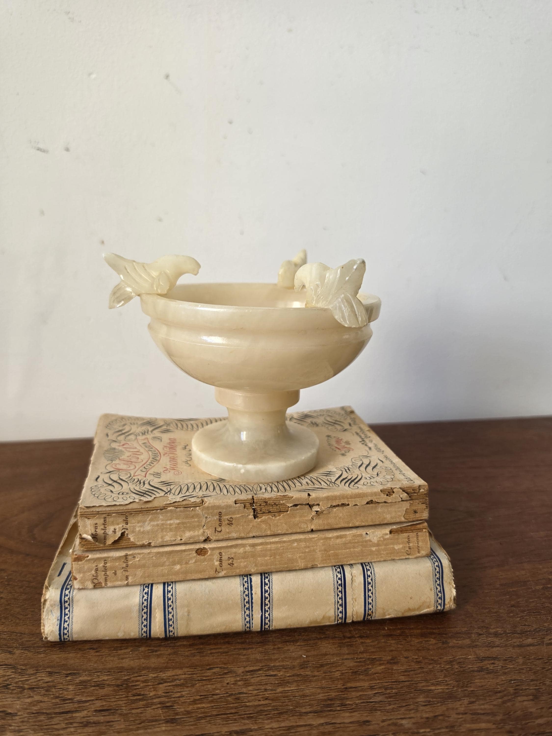 Vintage Alabaster Pedestal Bowl with Bird Handles, Carved Stone Compote, Italian Onyx Centerpiece, Hollywood Regency Decor