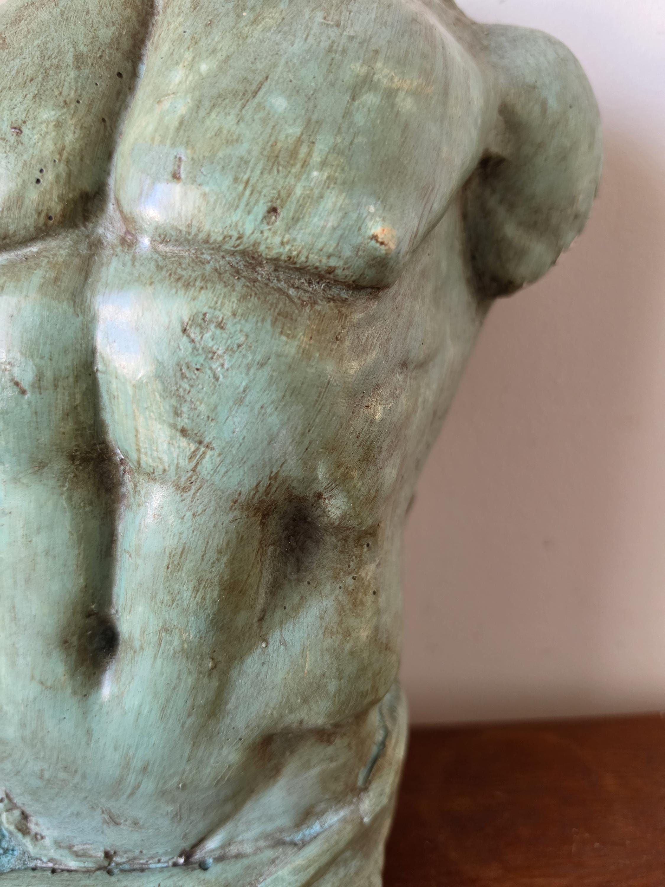 Vintage Male Torso Sculpture, Verdigris Plaster Bust, Classical Greek Roman Nude Statue, Grand Tour Decor, Wabi Sabi Art Object