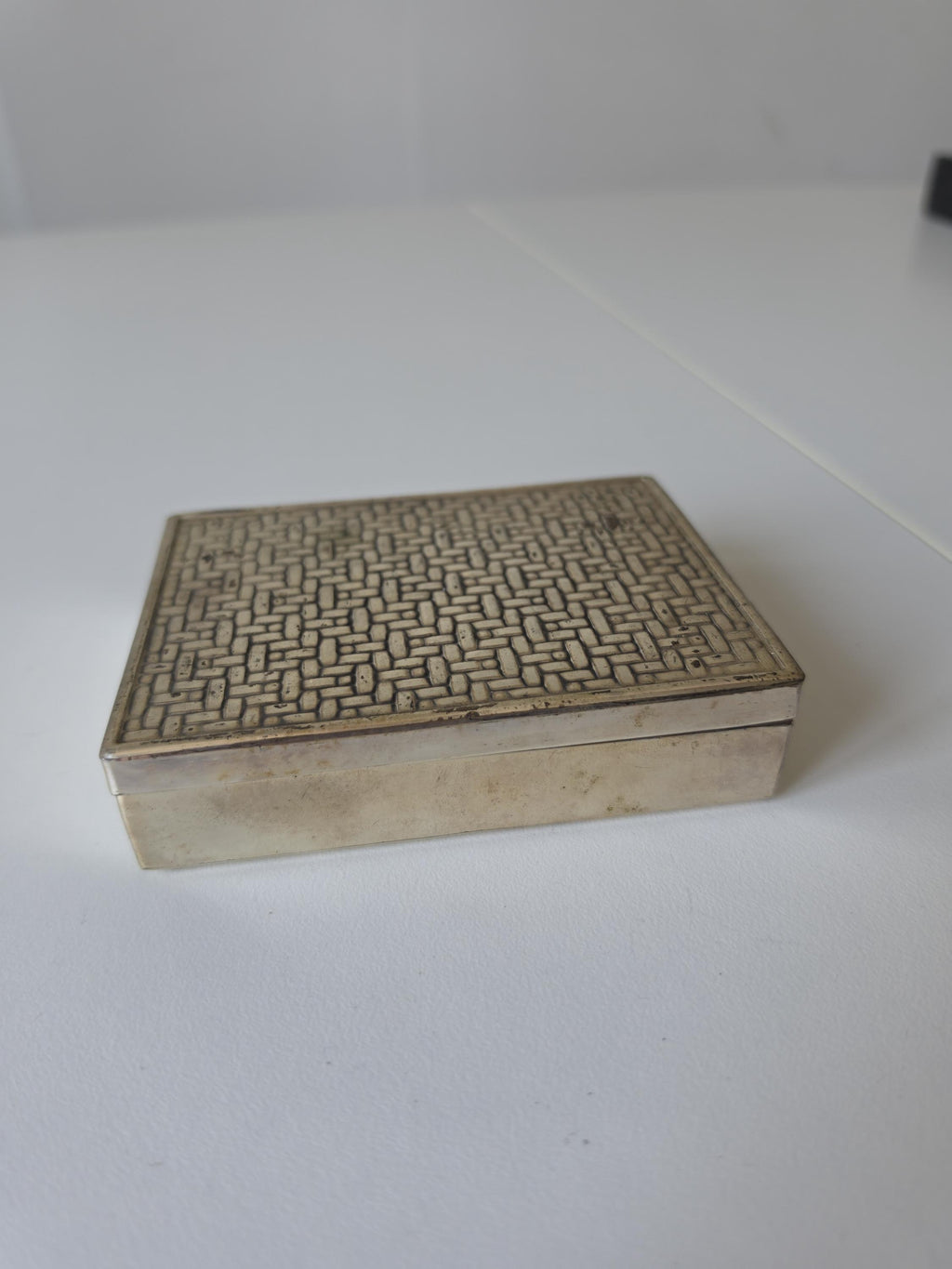 Vintage Wooden Inlay Cigarette Case, Mid Century Trinket Box, Silver Tone Vanity Box, Gentleman’s Desk Decor