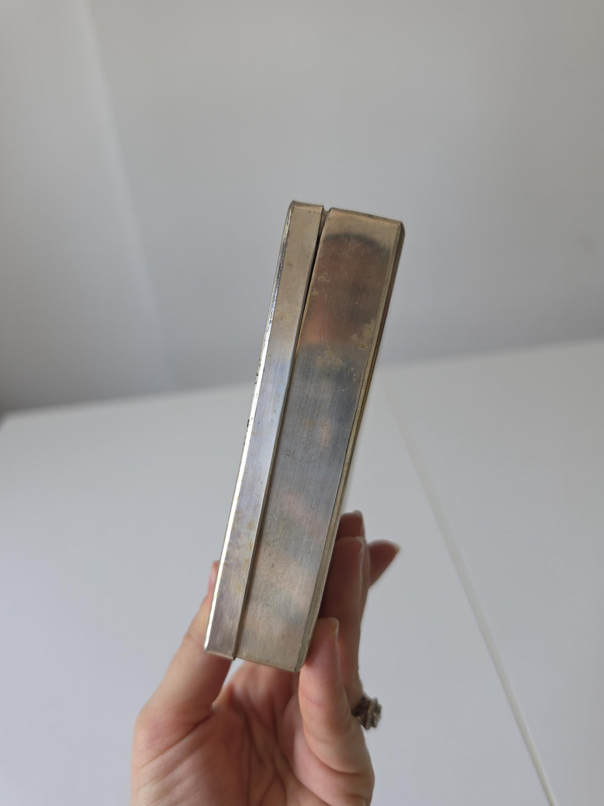 Vintage Wooden Inlay Cigarette Case, Mid Century Trinket Box, Silver Tone Vanity Box, Gentleman’s Desk Decor