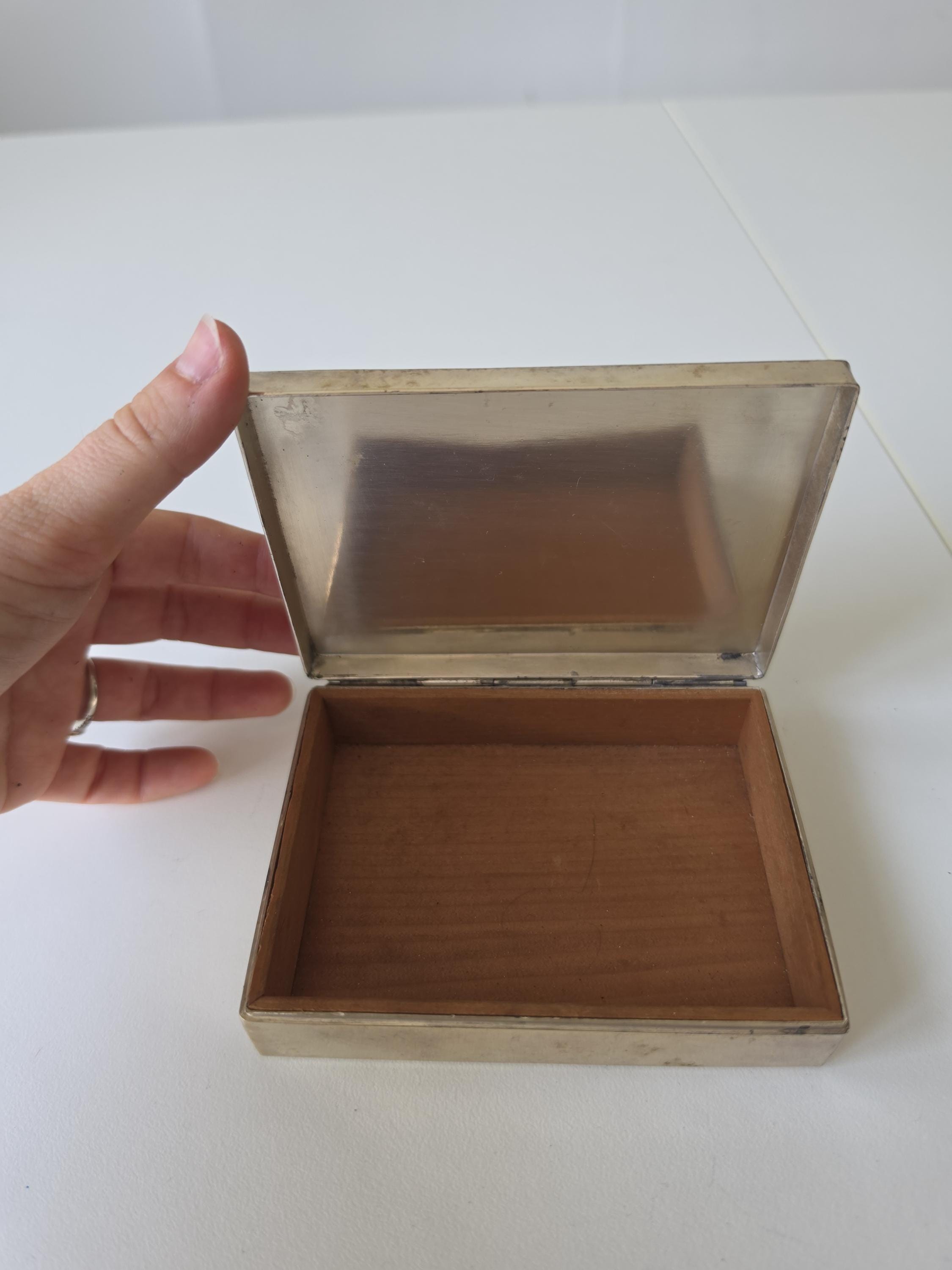 Vintage Wooden Inlay Cigarette Case, Mid Century Trinket Box, Silver Tone Vanity Box, Gentleman’s Desk Decor