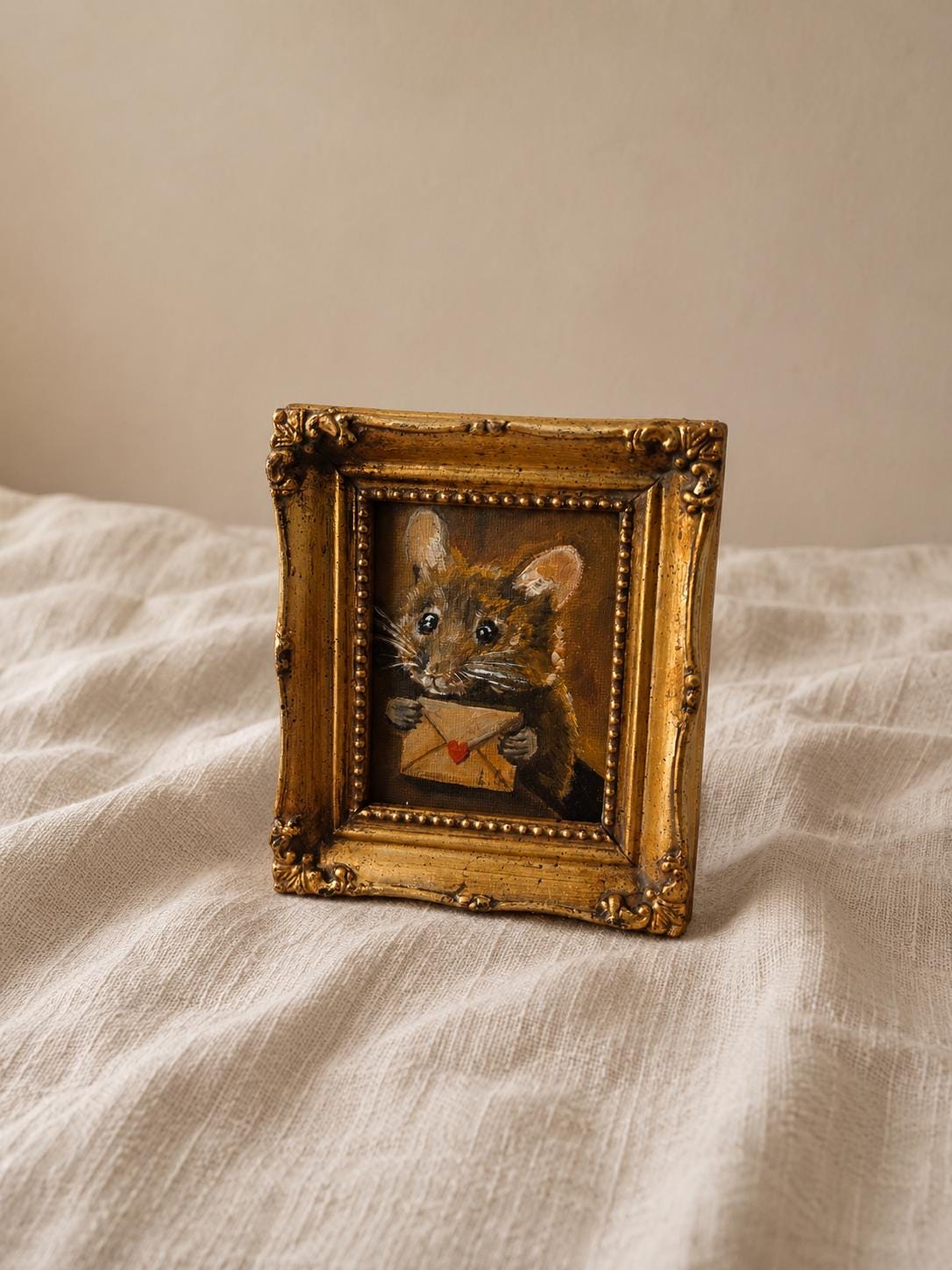 Original Miniature Mouse Oil Painting Framed Animal Portrait Tiny Artwork Whimsical Wall Art Cottagecore Collectible Decor Gi