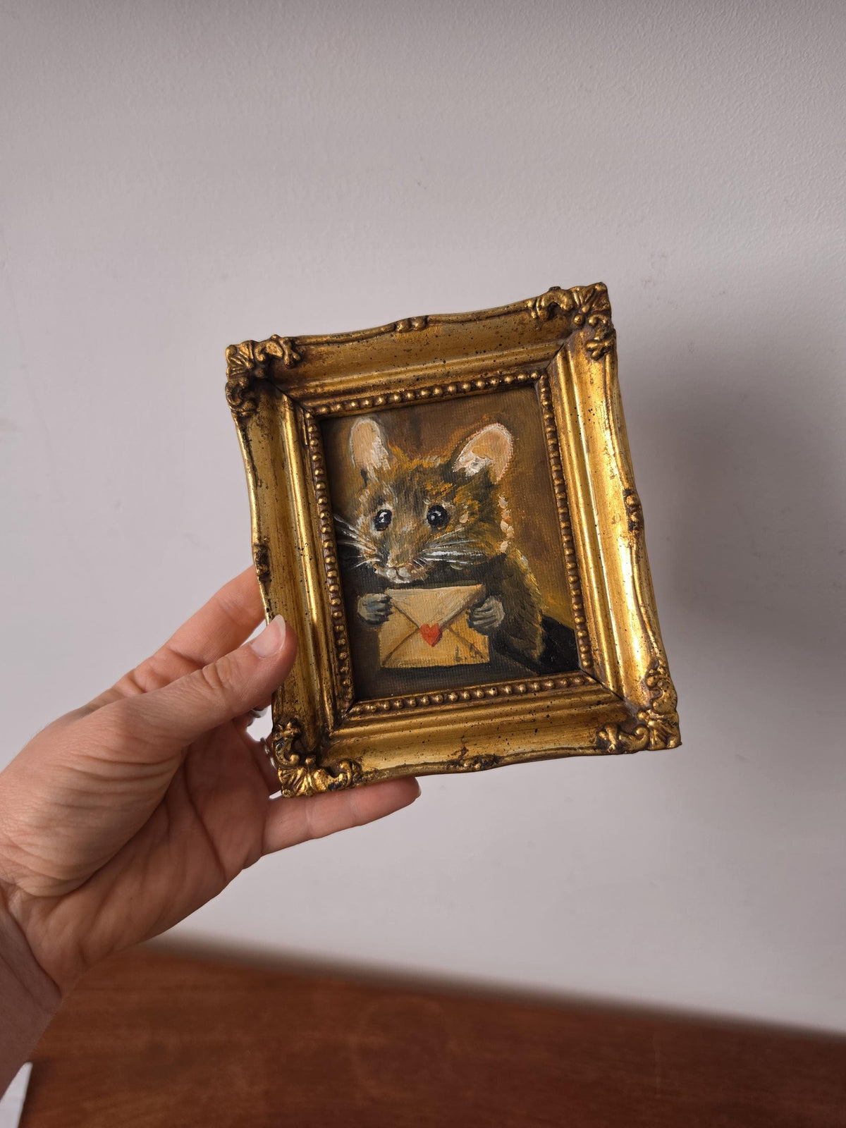 Original Miniature Mouse Oil Painting Framed Animal Portrait Tiny Artwork Whimsical Wall Art Cottagecore Collectible Decor Gift