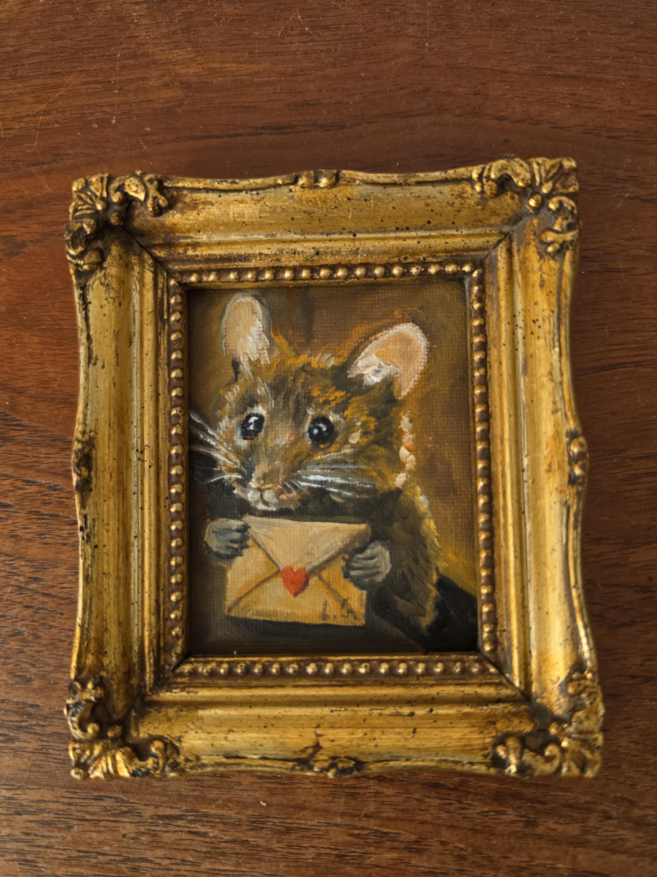 Original Miniature Mouse Oil Painting Framed Animal Portrait Tiny Artwork Whimsical Wall Art Cottagecore Collectible Decor Gift