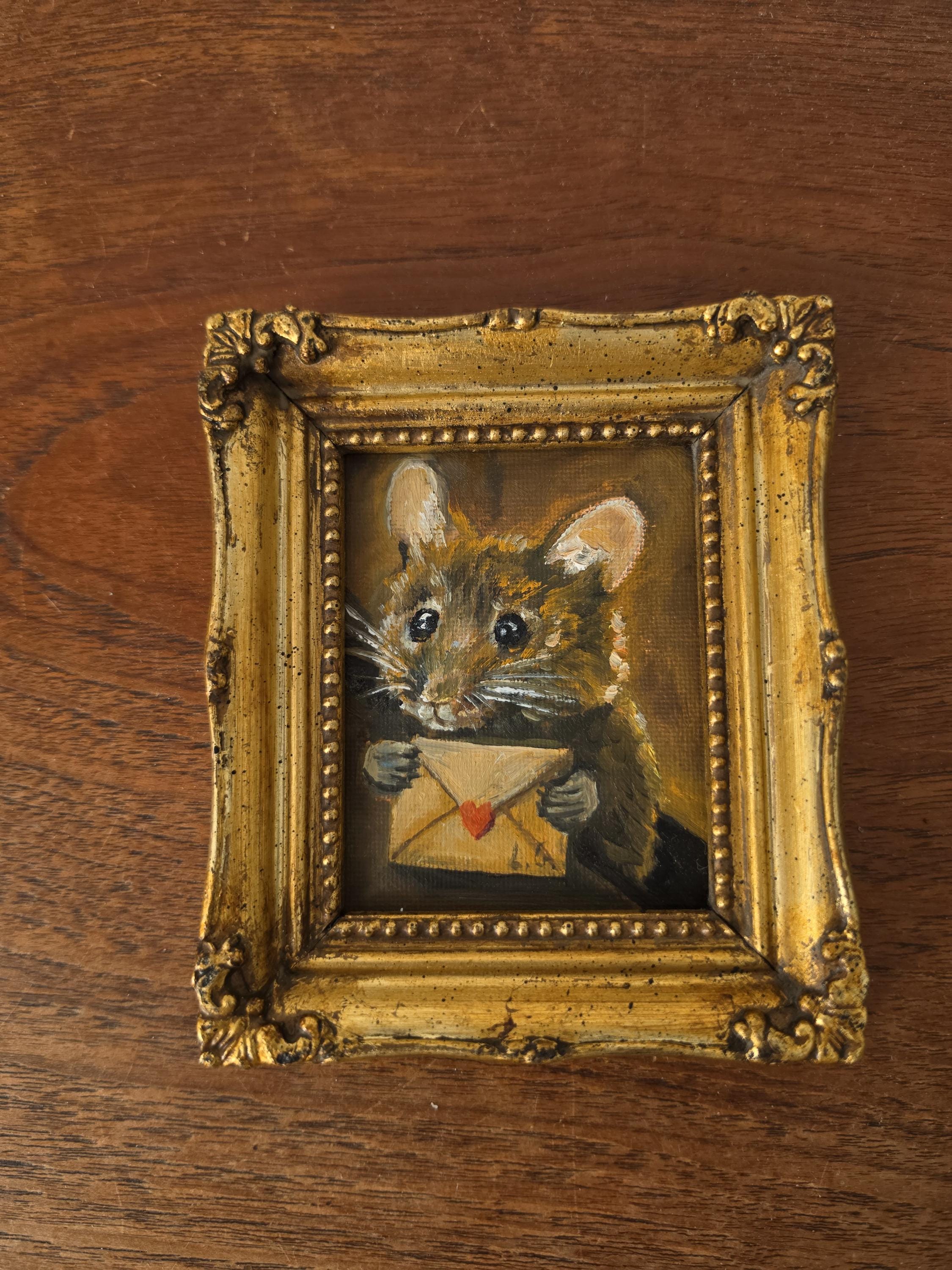 Original Miniature Mouse Oil Painting Framed Animal Portrait Tiny Artwork Whimsical Wall Art Cottagecore Collectible Decor Gift