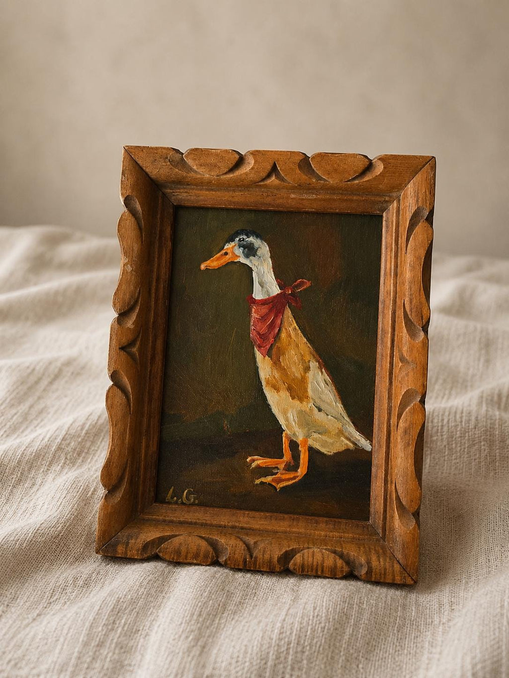 Original Duck Oil Painting in Vintage Carved Wood Frame