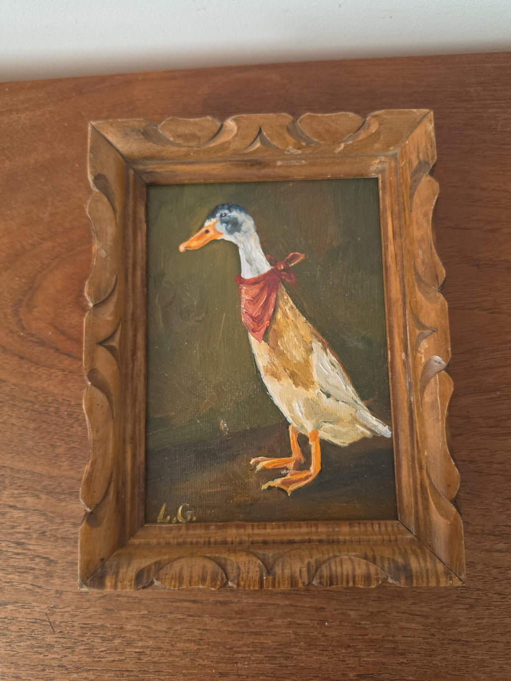 Original Duck Oil Painting in Vintage Carved Wood Frame, Folk Art Bird Portrait, Rustic Cottage Decor, Country Farmhouse Wall Art