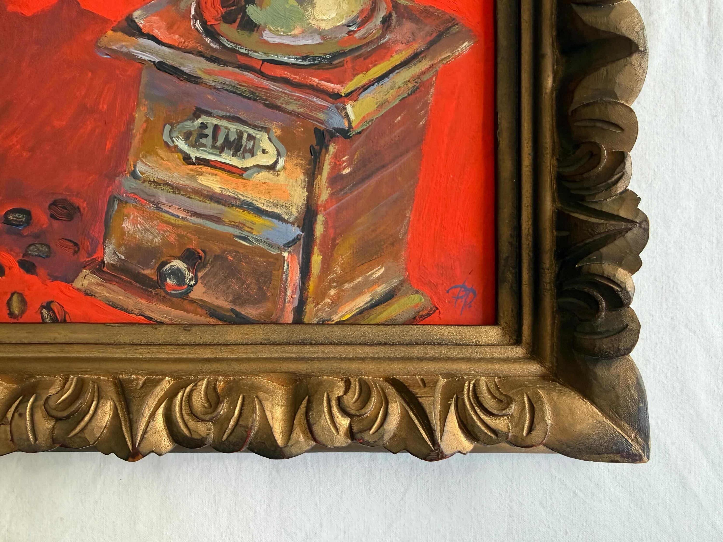 Original Oil Painting Coffee Grinder in Vintage Carved Wood Frame, Coffee Wall Art, Kitchen Decor, Espresso Cafe Artwork