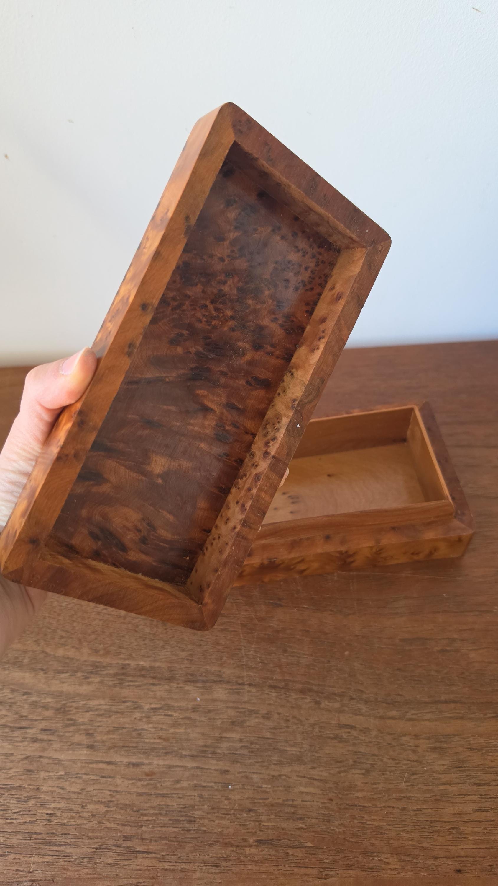 Vintage Burl Wood Box | Mid Century Jewelry or Trinket Box | Swirled Grain Pattern | Minimalist Natural Decor
