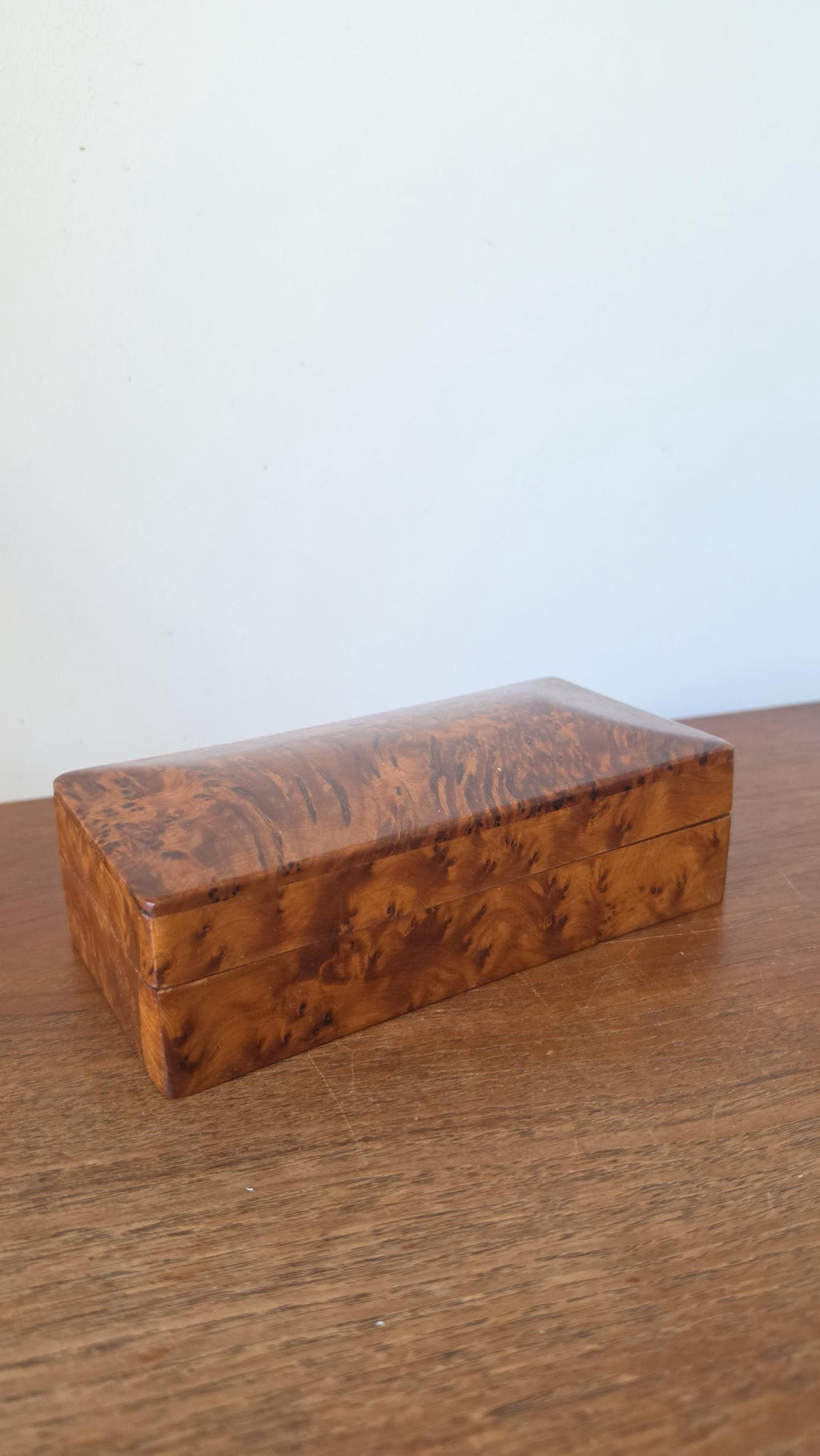 Vintage Burl Wood Box | Mid Century Jewelry or Trinket Box | Swirled Grain Pattern | Minimalist Natural Decor