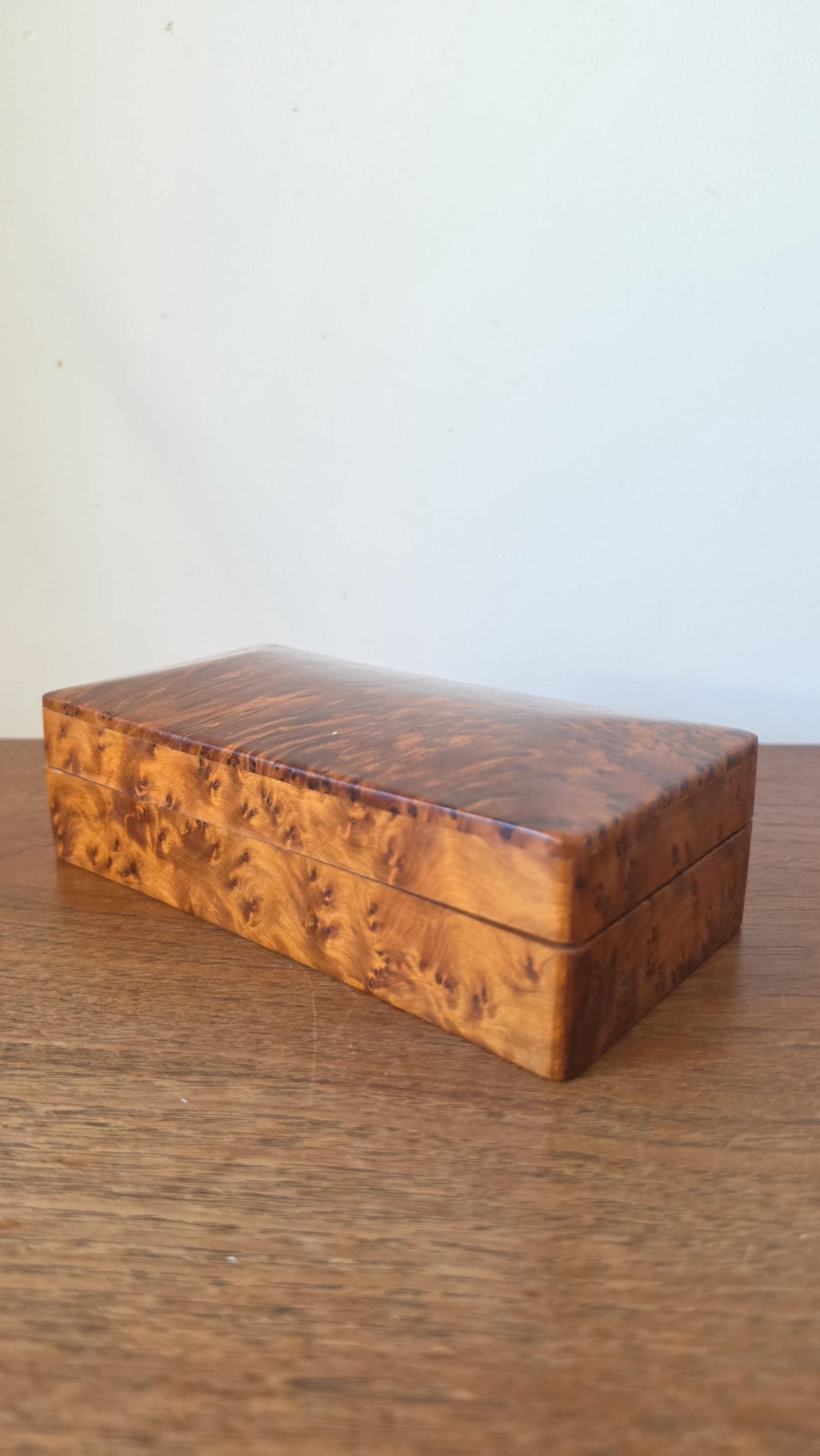 Vintage Burl Wood Box | Mid Century Jewelry or Trinket Box | Swirled Grain Pattern | Minimalist Natural Decor
