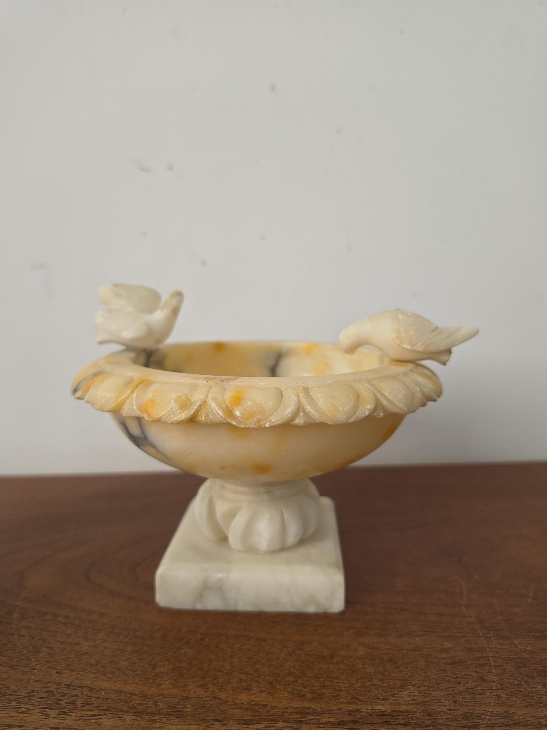 Vintage Italian Alabaster Bird Bath | Carved Stone Birds Dish | Decorative Pedestal Bowl | Romantic Vanity Accent