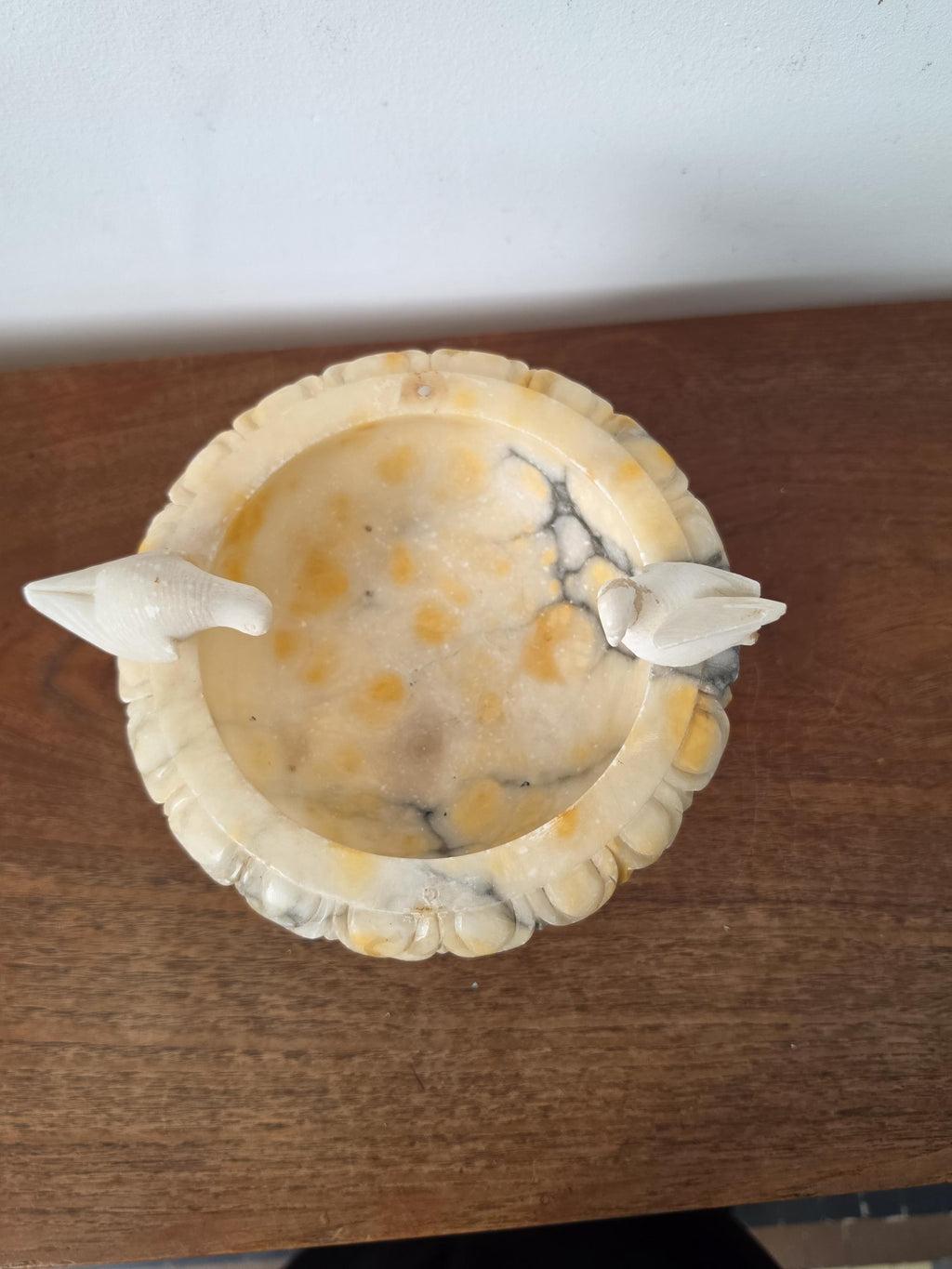 Vintage Italian Alabaster Bird Bath | Carved Stone Birds Dish | Decorative Pedestal Bowl | Romantic Vanity Accent