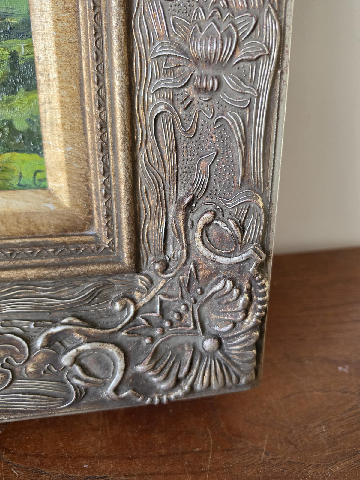Original Landscape Oil Painting in Ornate Carved Wood Frame, Impressionist Countryside Artwork, Cottage Wall Decor, Nature Art