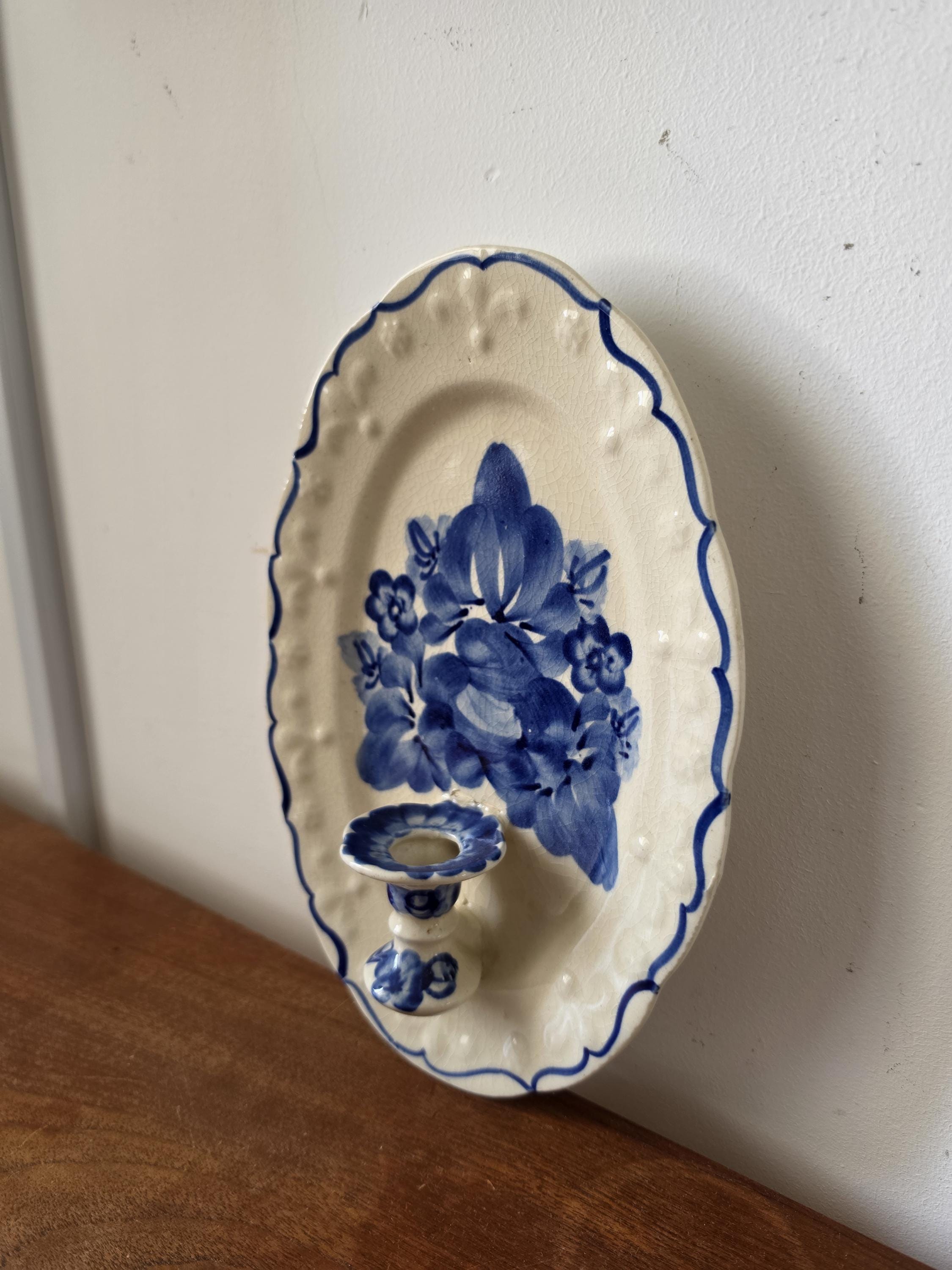 Vintage Blue & White Ceramic Wall Candle Sconce, Hand Painted Floral Taper Holder, Dutch Style Pottery, Cottage Decor