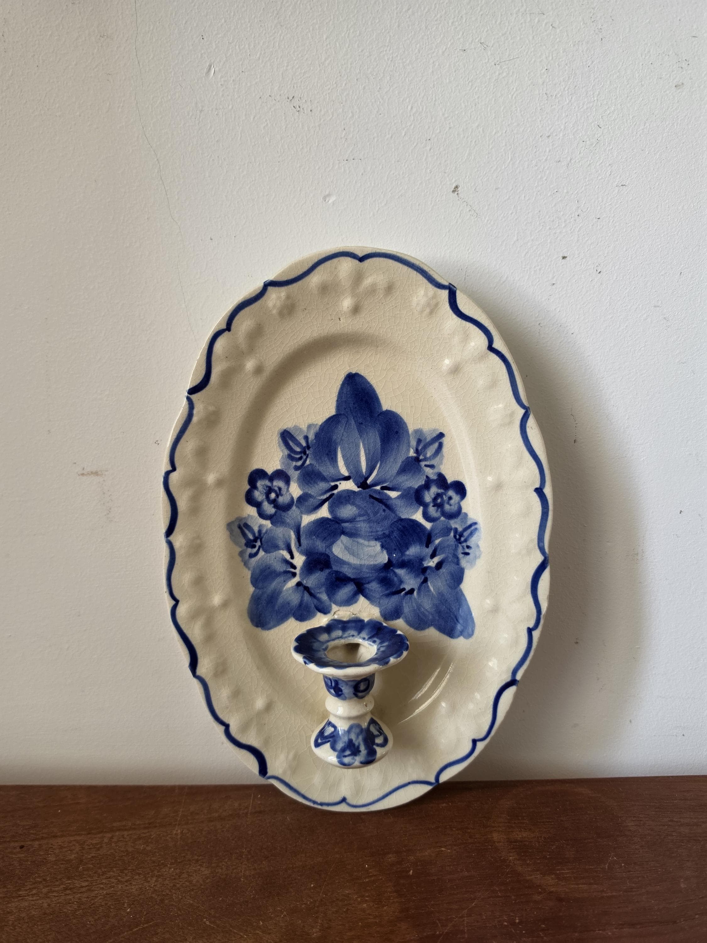 Vintage Blue & White Ceramic Wall Candle Sconce, Hand Painted Floral Taper Holder, Dutch Style Pottery, Cottage Decor