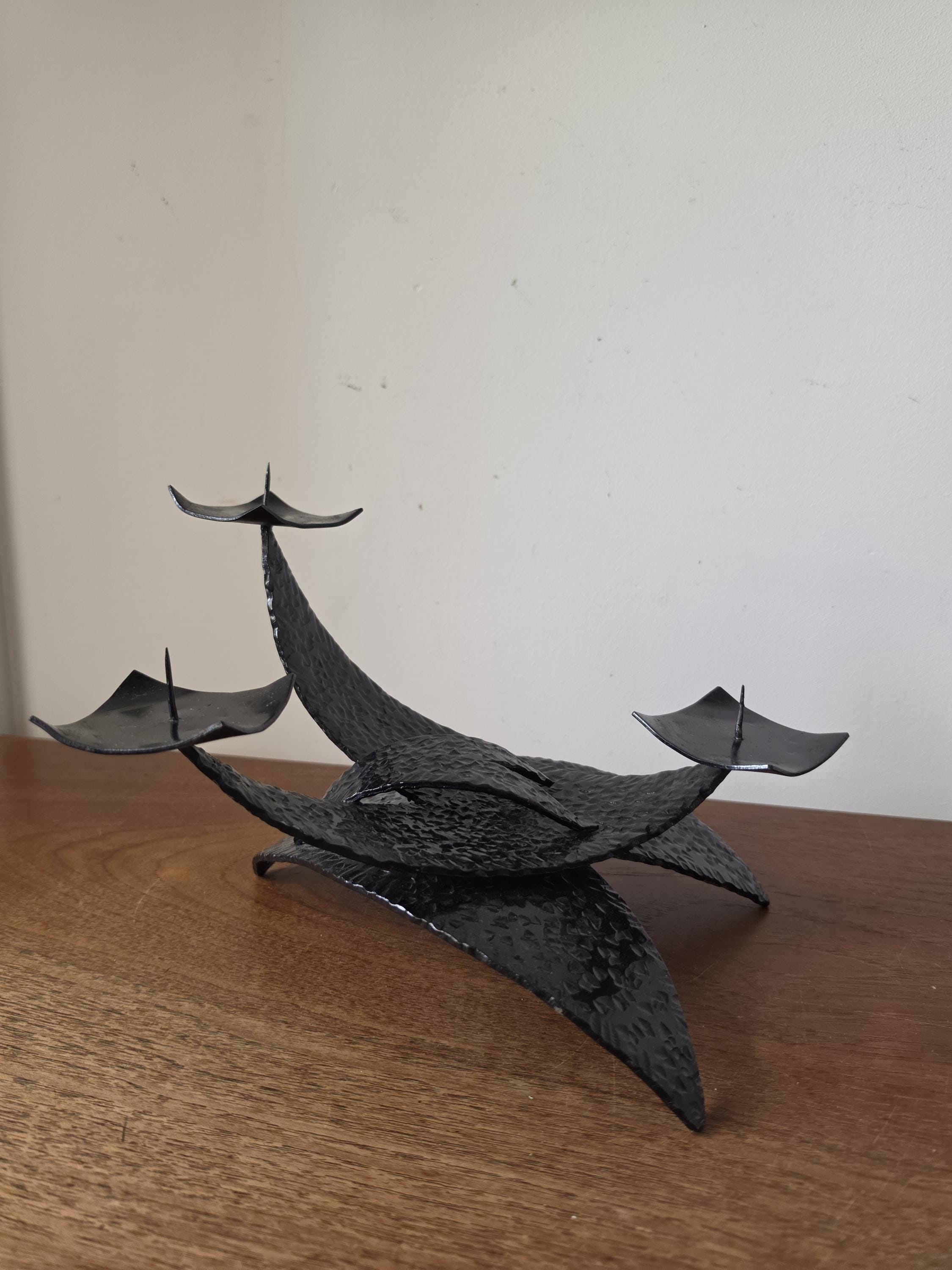 Vintage Brutalist Black Metal Candelabra, Sculptural Three Candle Holder, Hand Forged Centerpiece, Mid Century Modern Decor