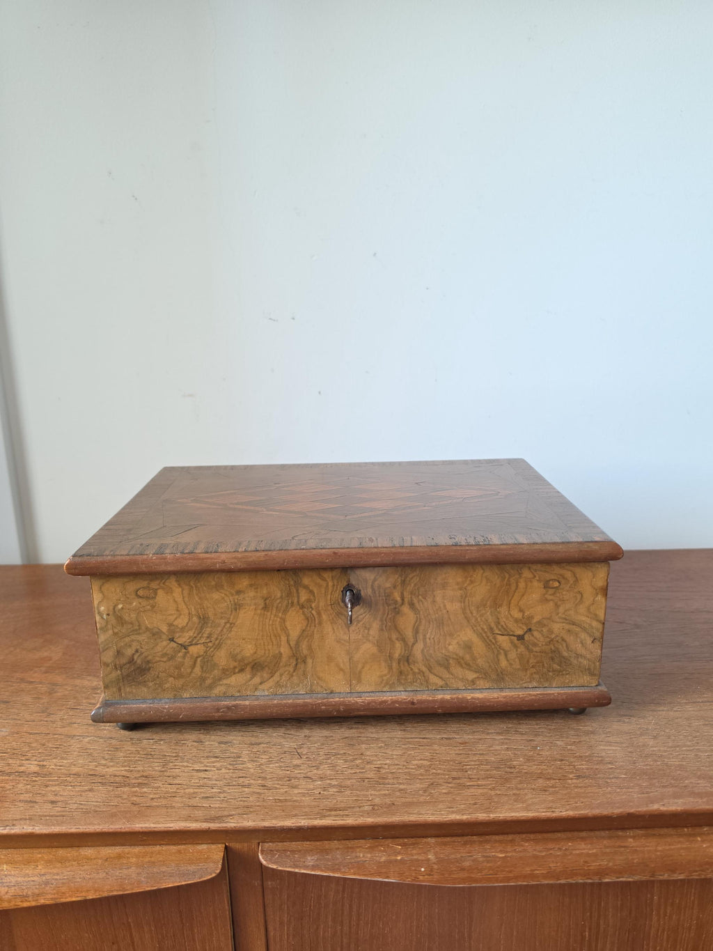 Antique Walnut Marquetry Jewelry Box with Key, Burl Wood Keepsake Box, Red Velvet Lined Locking Treasure Chest, Desk Box