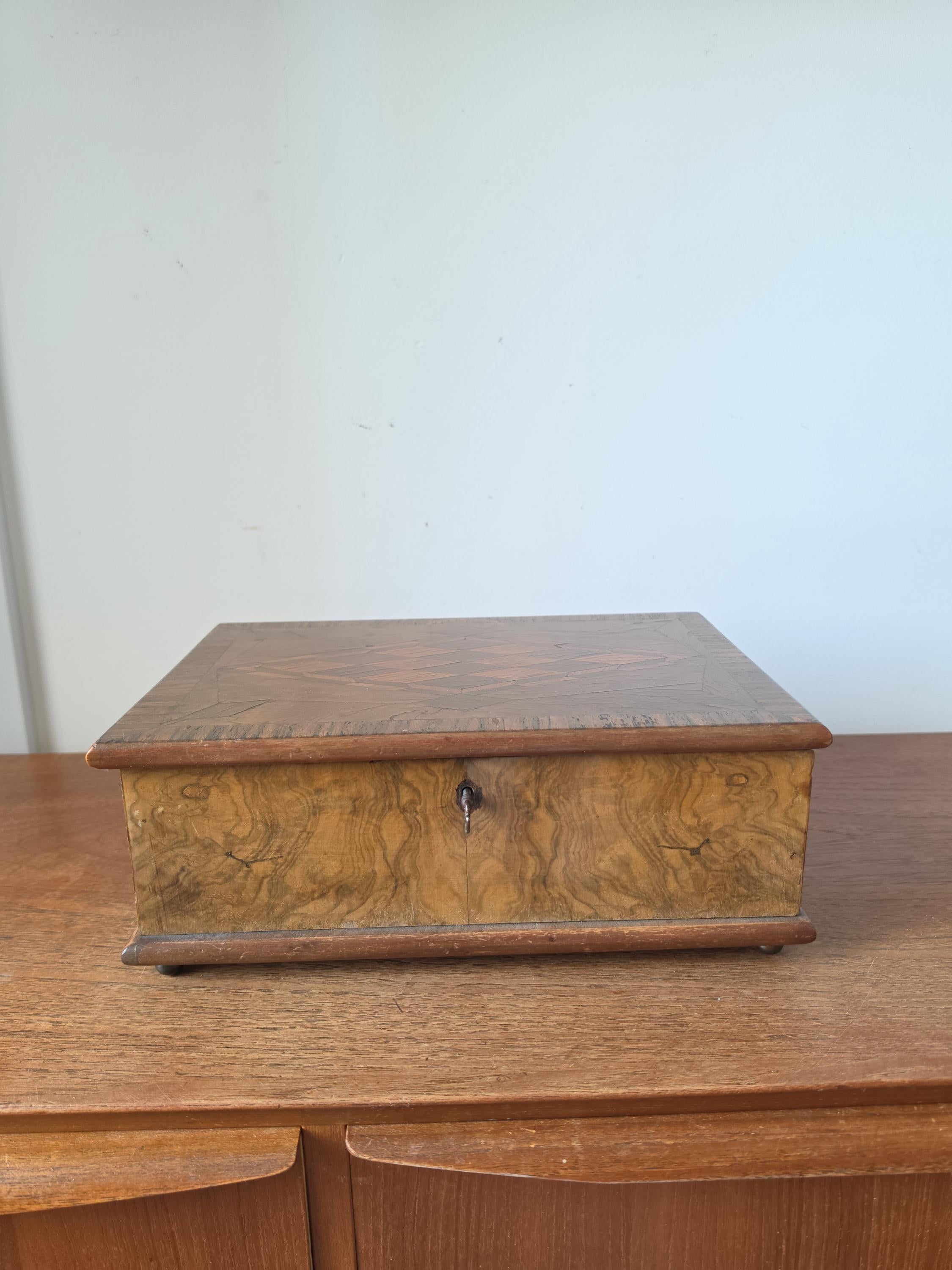 Antique Walnut Marquetry Jewelry Box with Key, Burl Wood Keepsake Box, Red Velvet Lined Locking Treasure Chest, Desk Box