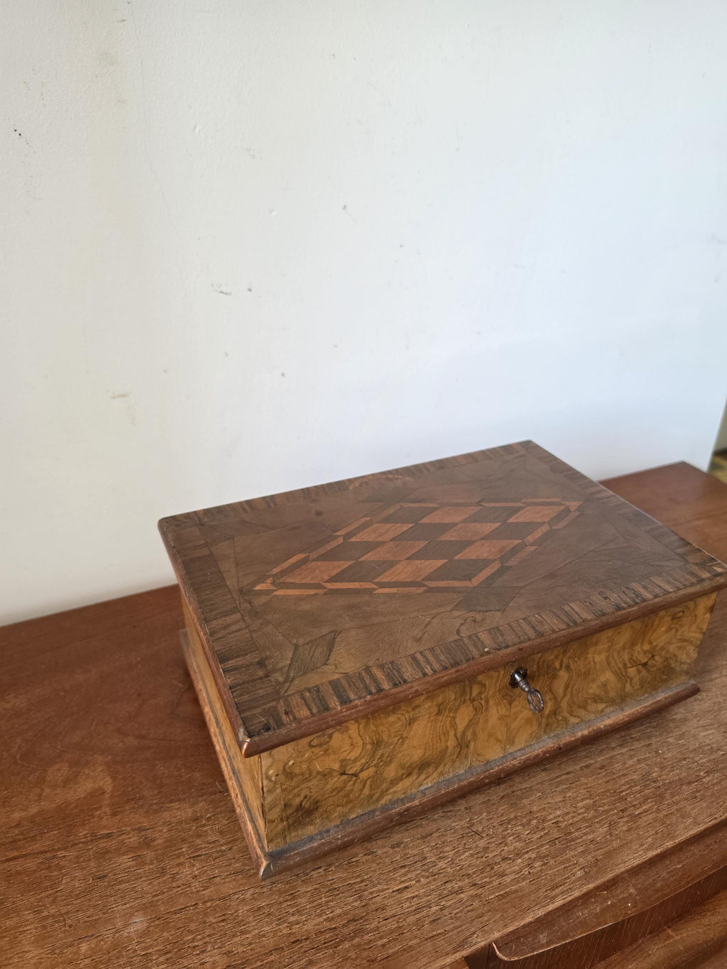 Antique Walnut Marquetry Jewelry Box with Key, Burl Wood Keepsake Box, Red Velvet Lined Locking Treasure Chest, Desk Box