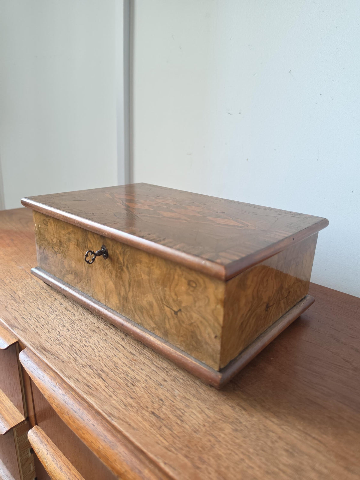 Antique Walnut Marquetry Jewelry Box with Key, Burl Wood Keepsake Box, Red Velvet Lined Locking Treasure Chest, Desk Box