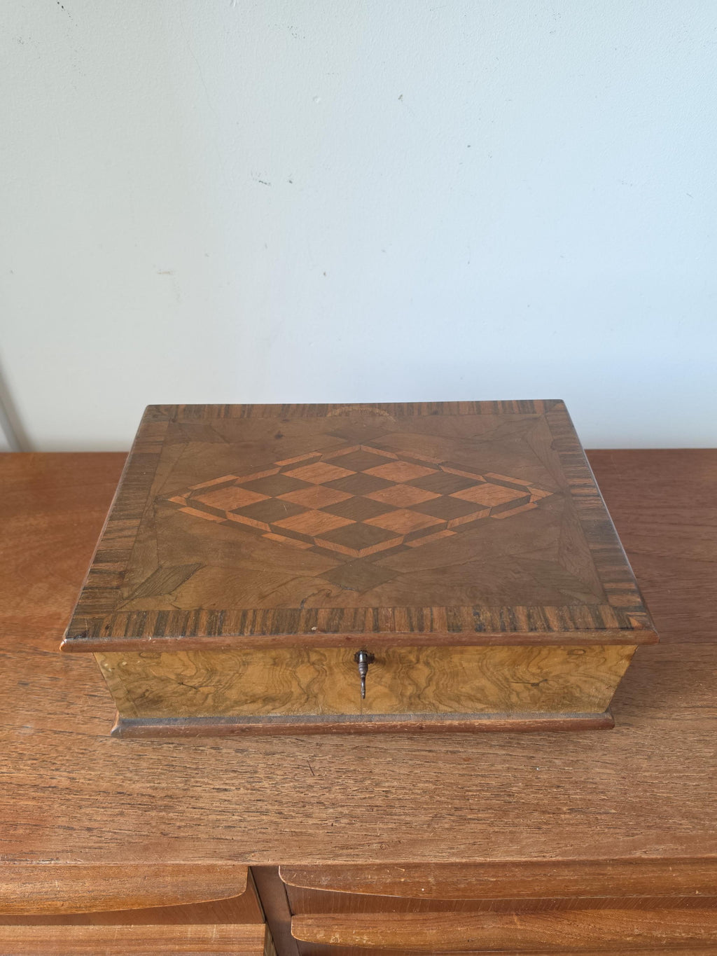 Antique Walnut Marquetry Jewelry Box with Key, Burl Wood Keepsake Box, Red Velvet Lined Locking Treasure Chest, Desk Box