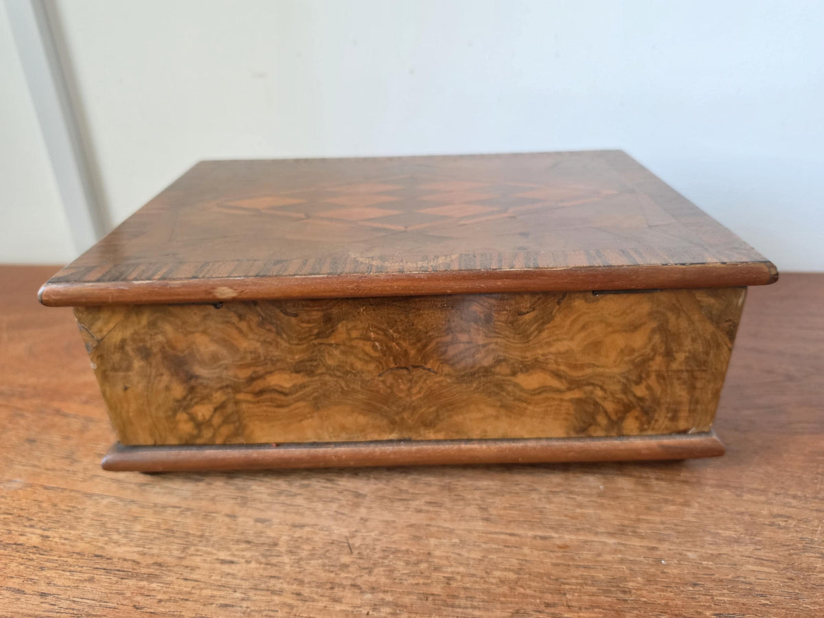 Antique Walnut Marquetry Jewelry Box with Key, Burl Wood Keepsake Box, Red Velvet Lined Locking Treasure Chest, Desk Box